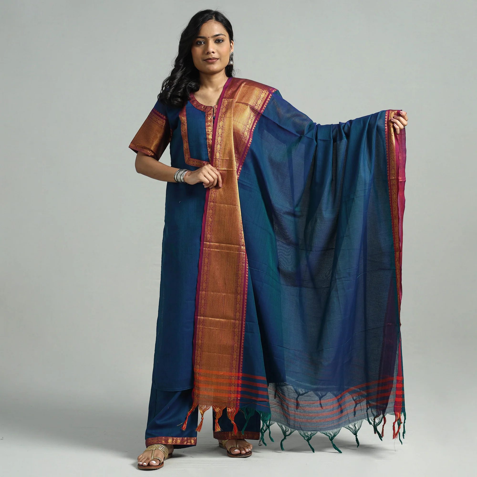 Blue - Dharwad Cotton Kurta with Palazzo & Dupatta Set - Image 2