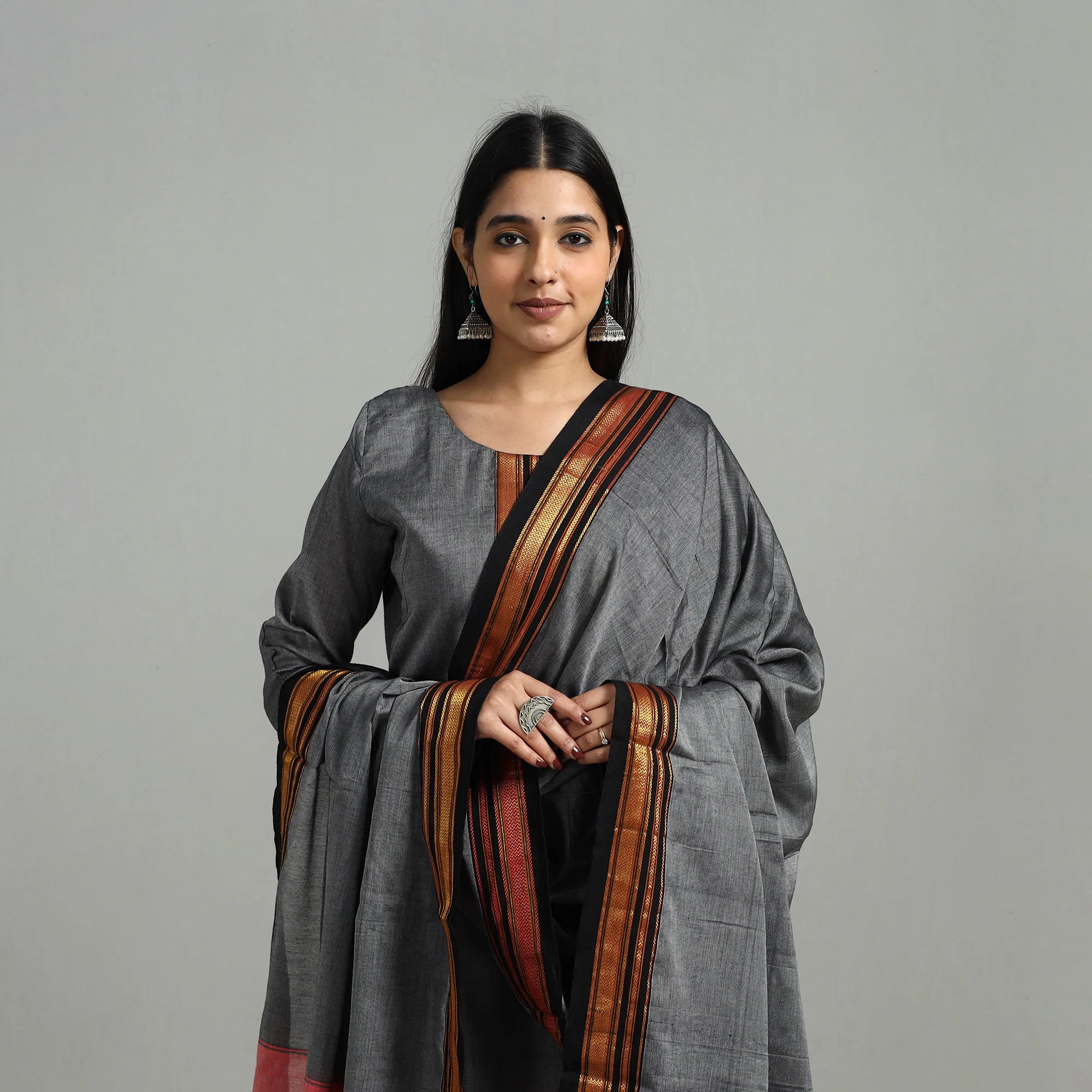 Grey - Cotton Dharwad Kurta Set with Palazzo & Dupatta 36 - Image 3