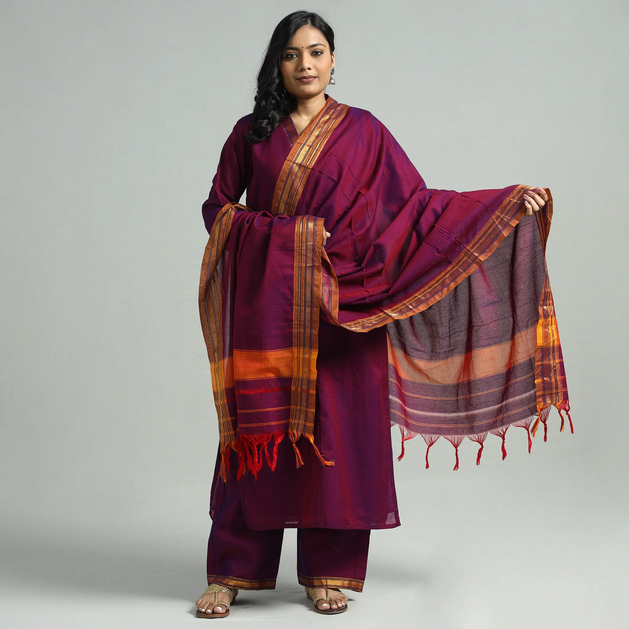 Dark Pink - Dharwad Cotton Kurta with Palazzo & Dupatta Set