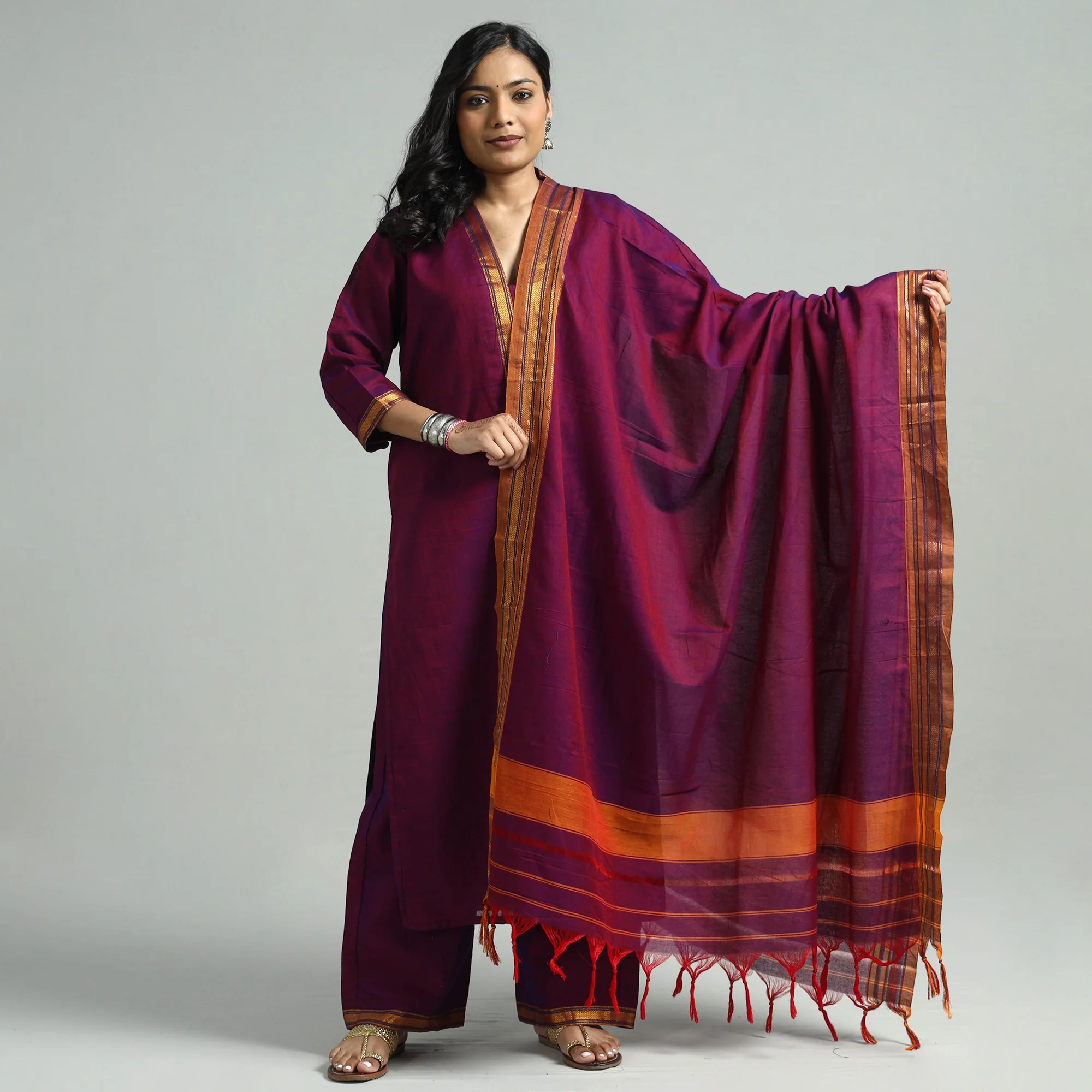 Dark Pink - Dharwad Cotton Kurta with Palazzo & Dupatta Set - Image 2