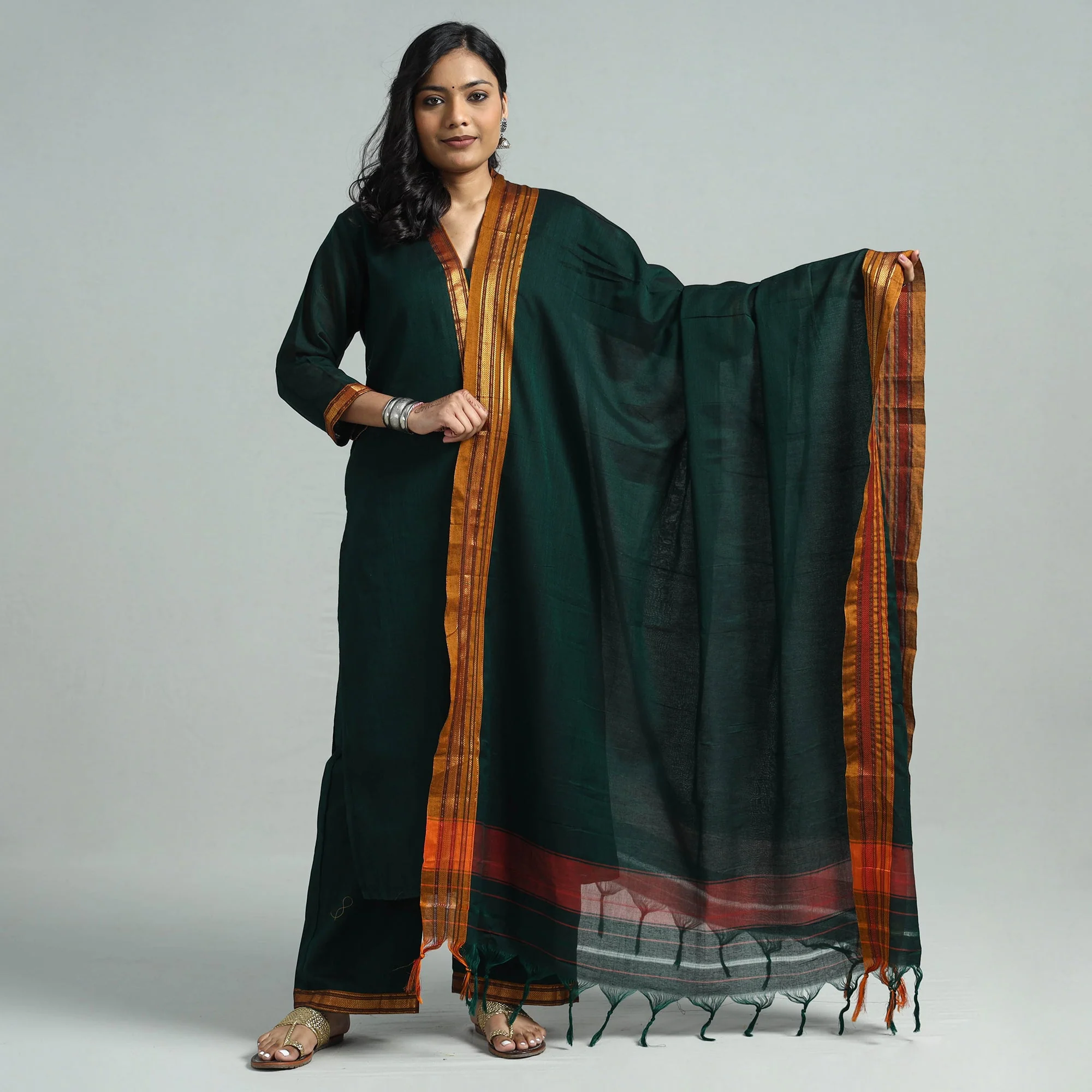 Dark Green - Dharwad Cotton Kurta with Palazzo & Dupatta Set - Image 2