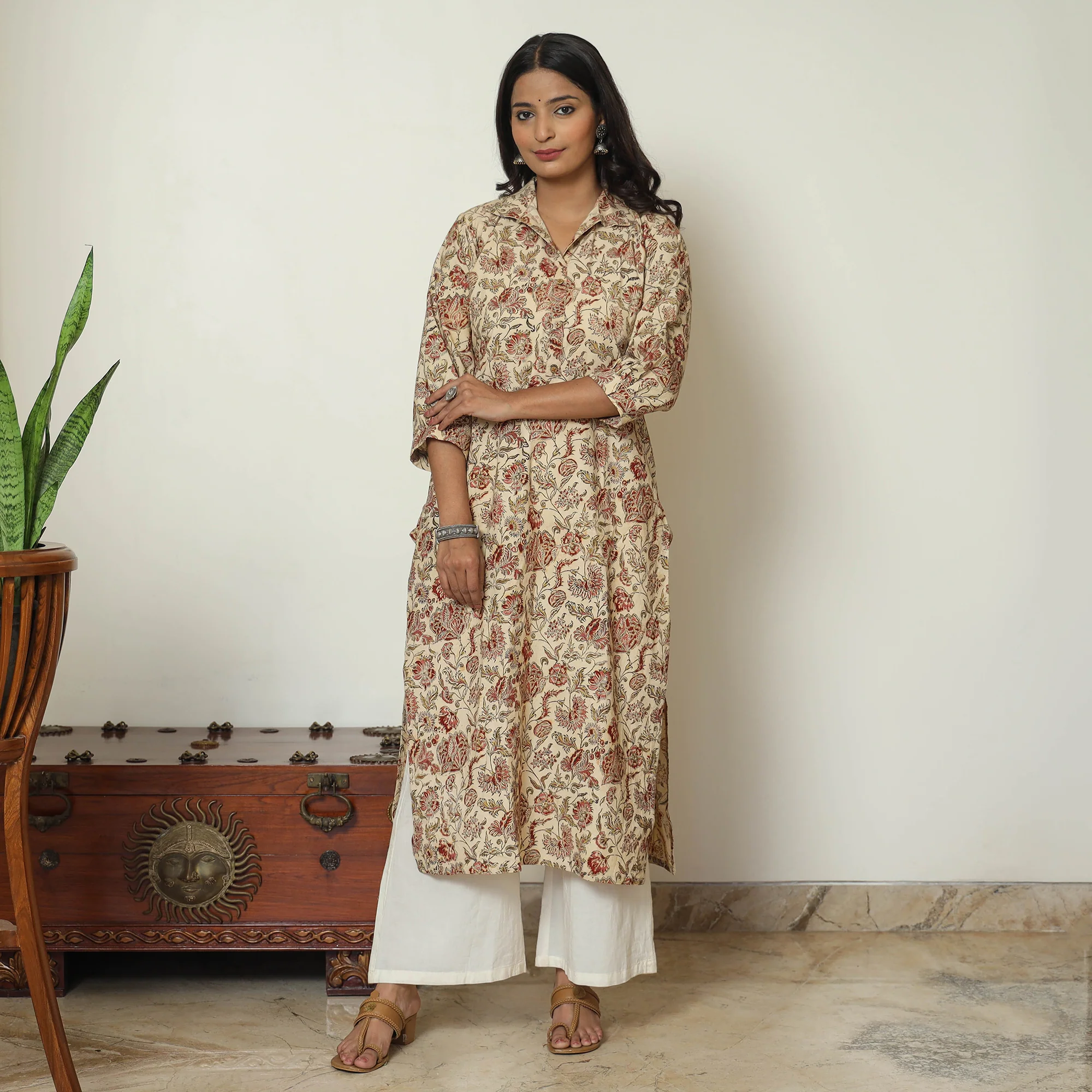 Beige - Pedana Kalamkari Hand Block Printed Cotton Straight Kurta 02
