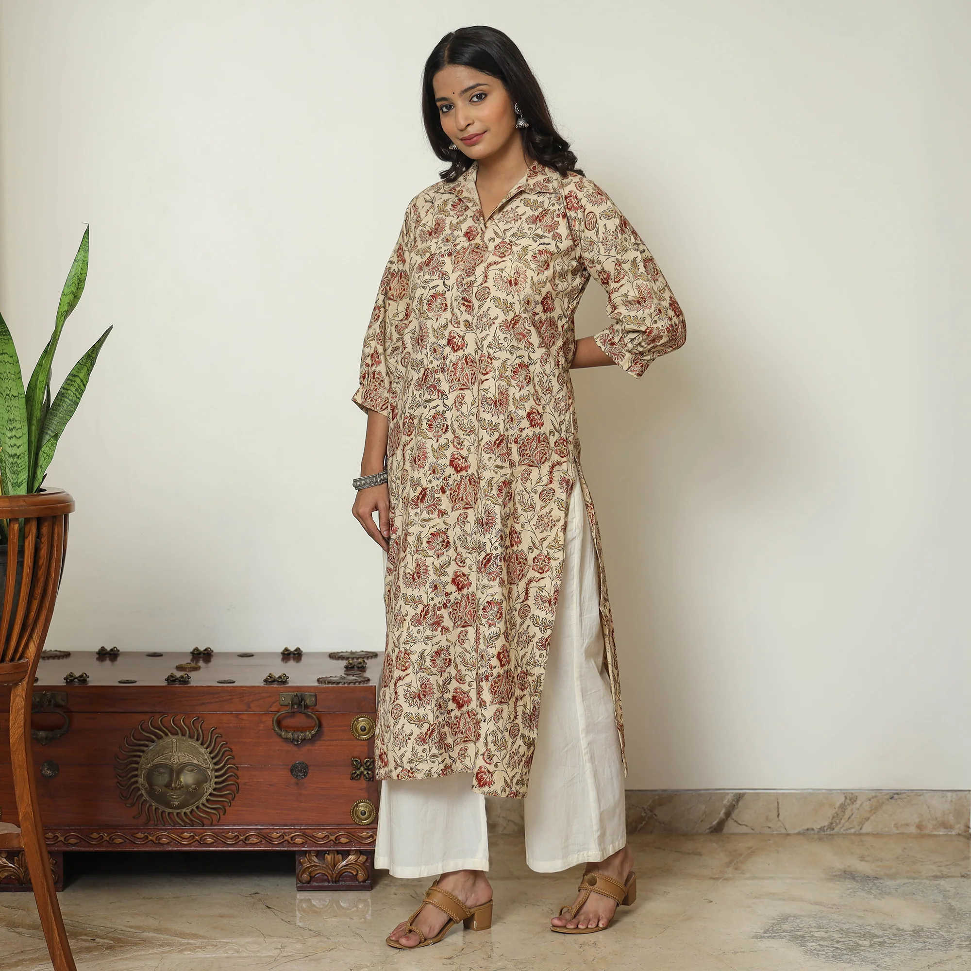 Beige - Pedana Kalamkari Hand Block Printed Cotton Straight Kurta 02 - Image 3