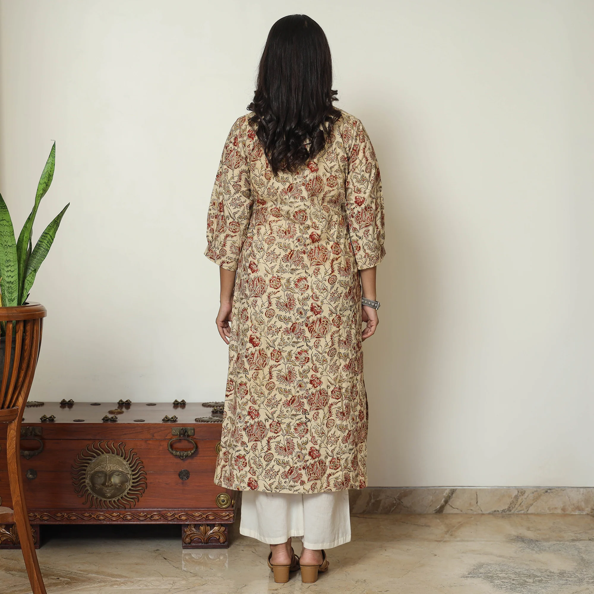 Beige - Pedana Kalamkari Hand Block Printed Cotton Straight Kurta 02 - Image 4