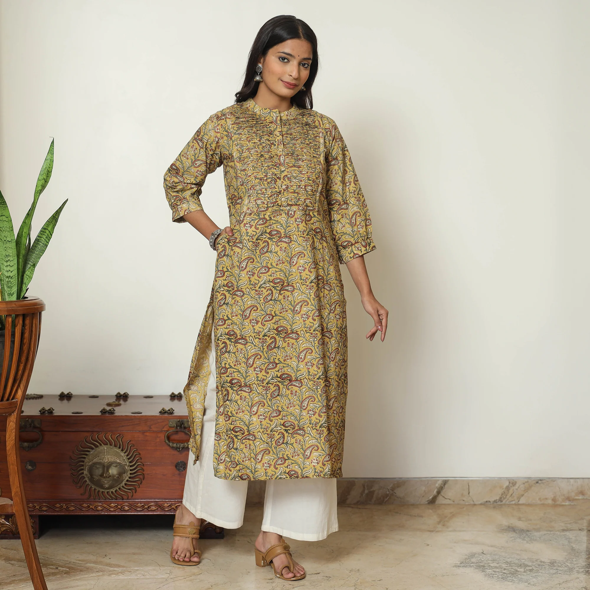 Yellow - Pedana Kalamkari Hand Block Printed Cotton Pintuck Straight Kurta 10 - Image 3