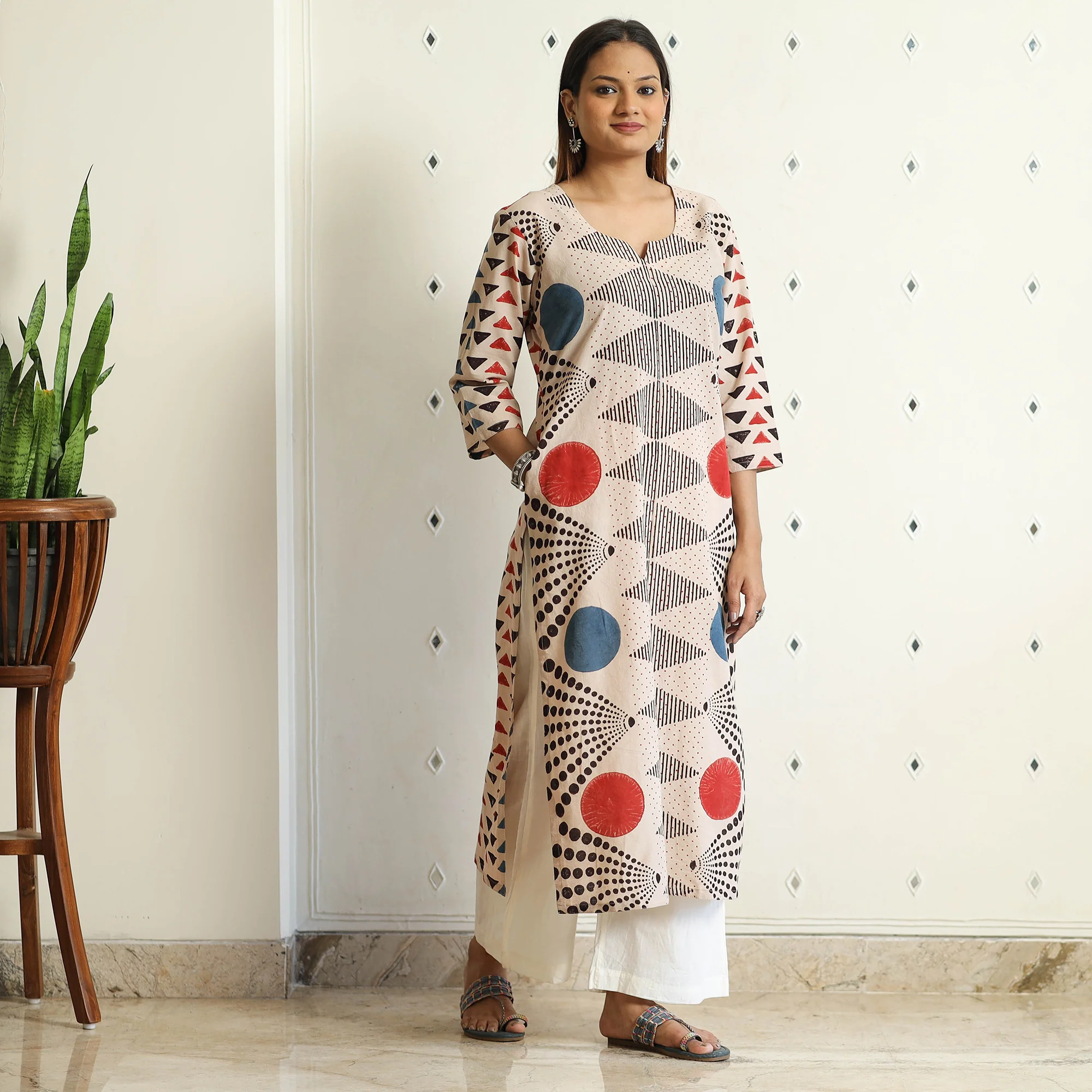 Limited Stock! Beige - Ajrakh Block Printed Cotton Straight Kurta