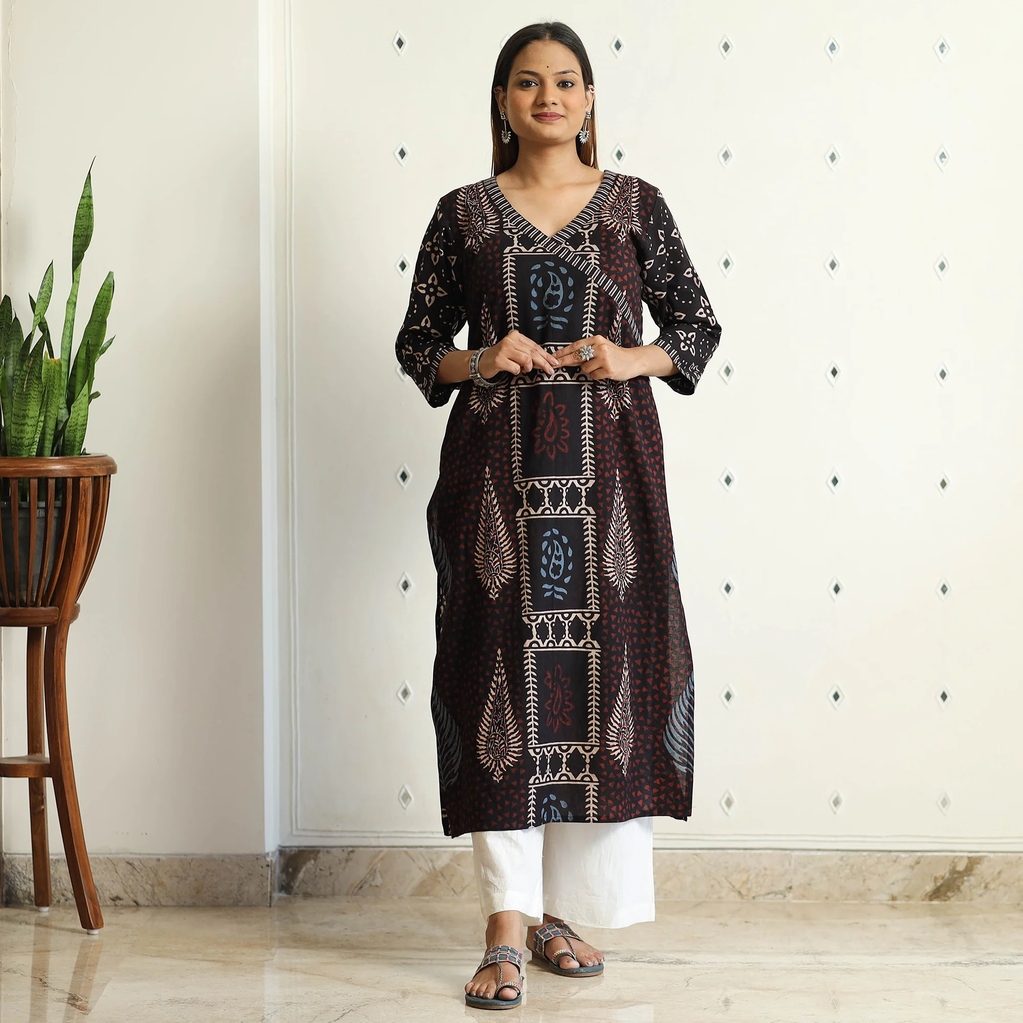 Limited Stock! Black - Ajrakh Block Printed Cotton Straight Kurta - Image 3