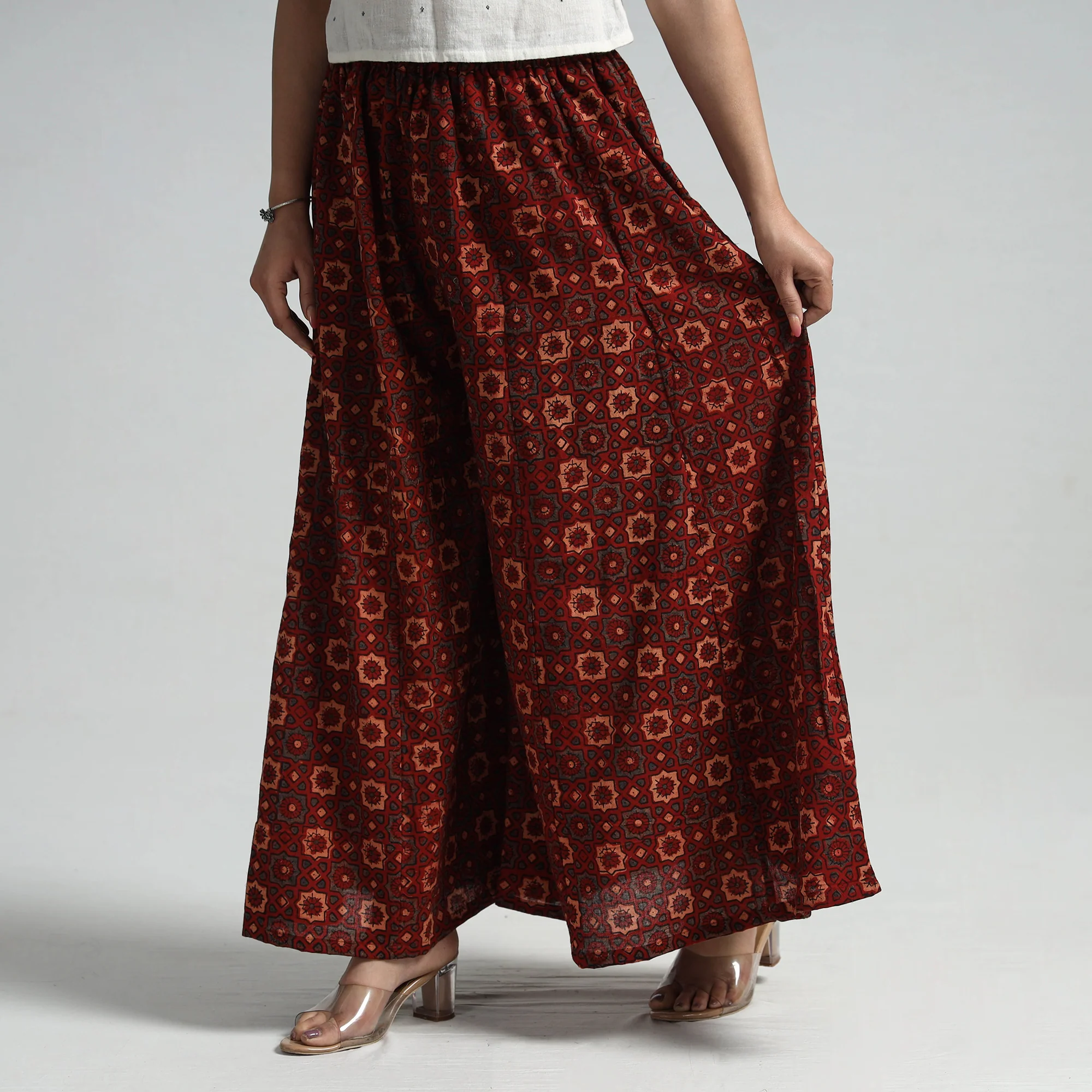Red - Ajrakh Hand Block Printed Cotton Flared Palazzo - Image 4
