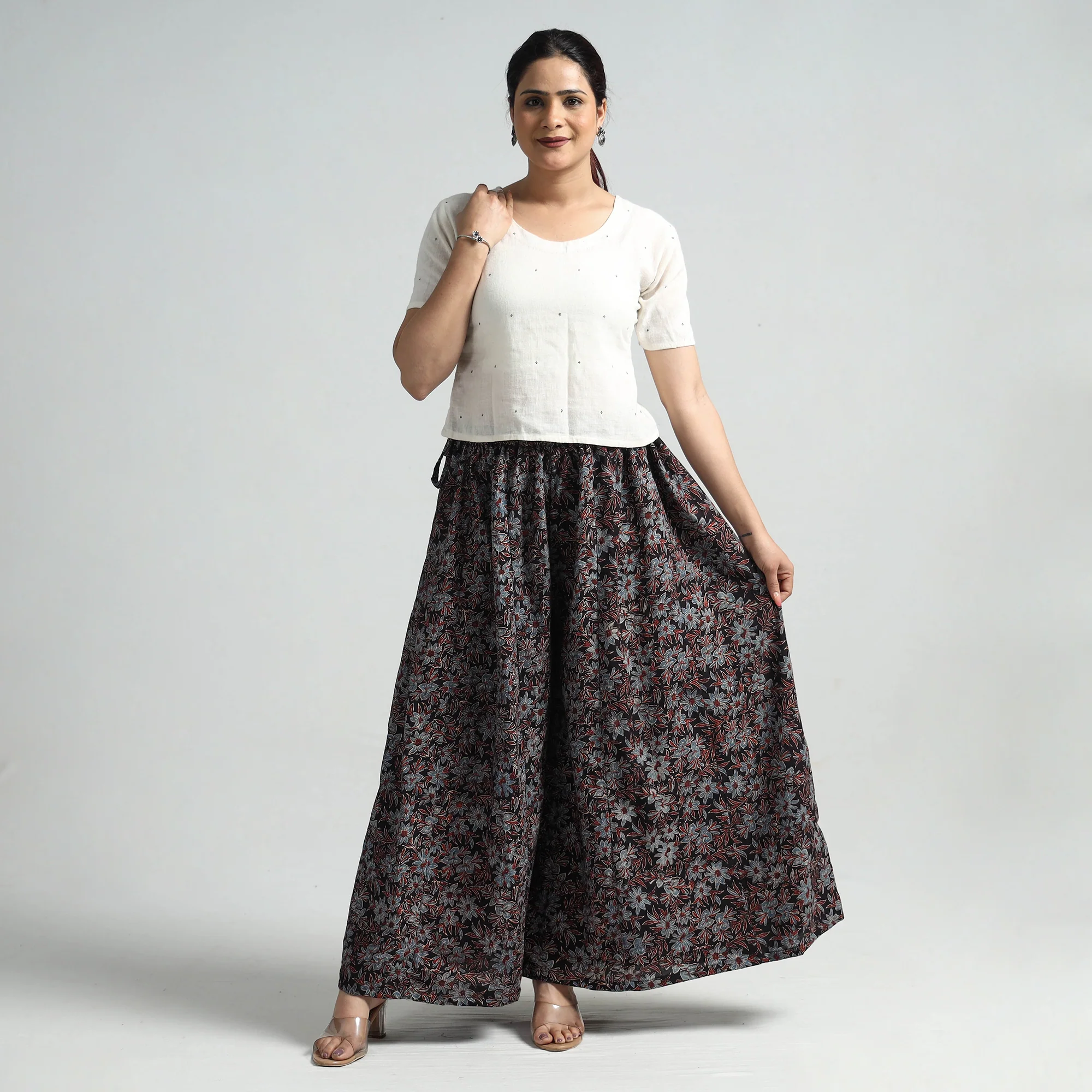 Black - Ajrakh Hand Block Printed Cotton Flared Palazzo - Image 2