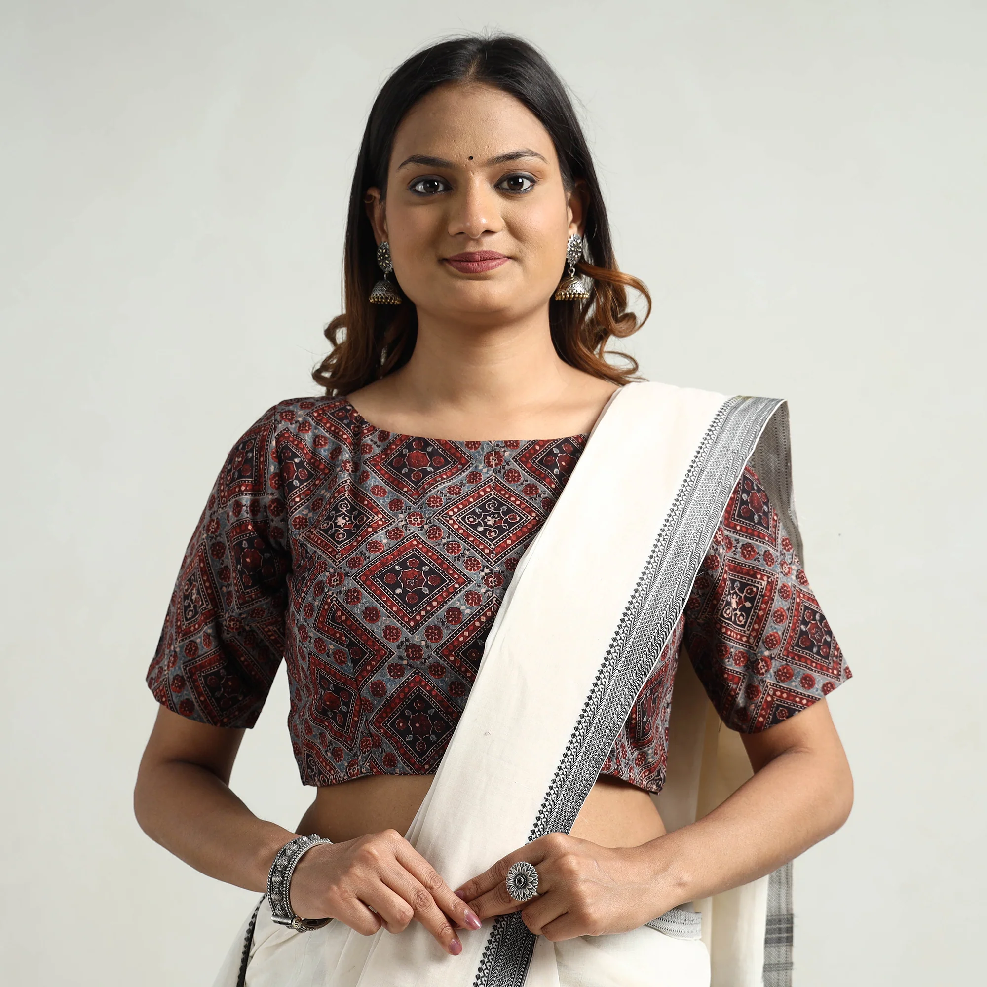 Grey - Ajrakh Block Printed Cotton Stitched Blouse