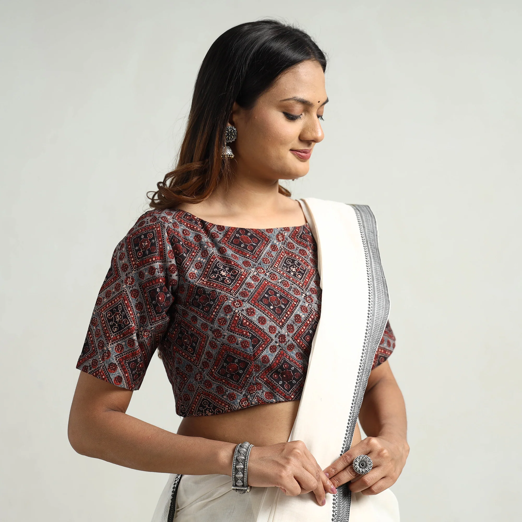Grey - Ajrakh Block Printed Cotton Stitched Blouse - Image 3