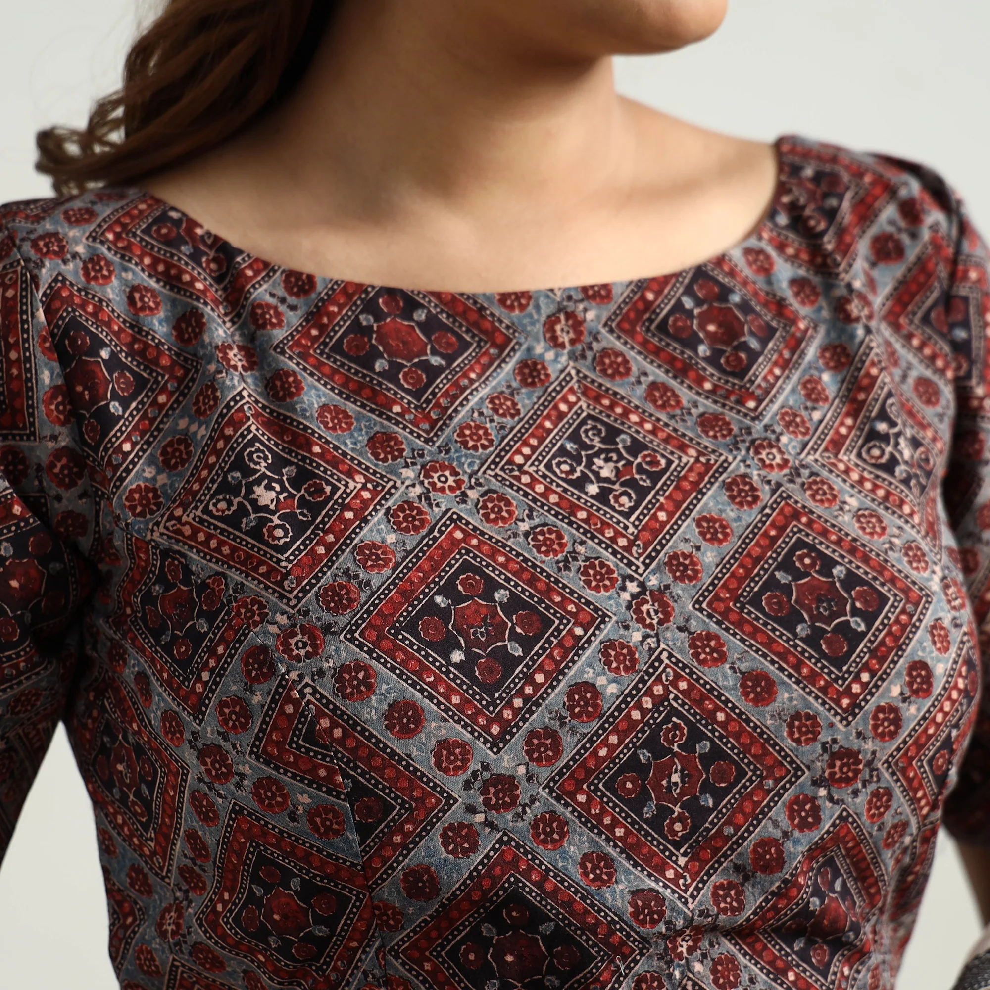 Grey - Ajrakh Block Printed Cotton Stitched Blouse - Image 4