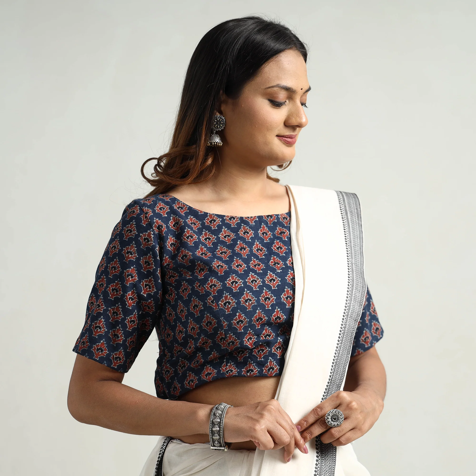 Blue - Ajrakh Block Printed Cotton Stitched Blouse - Image 3