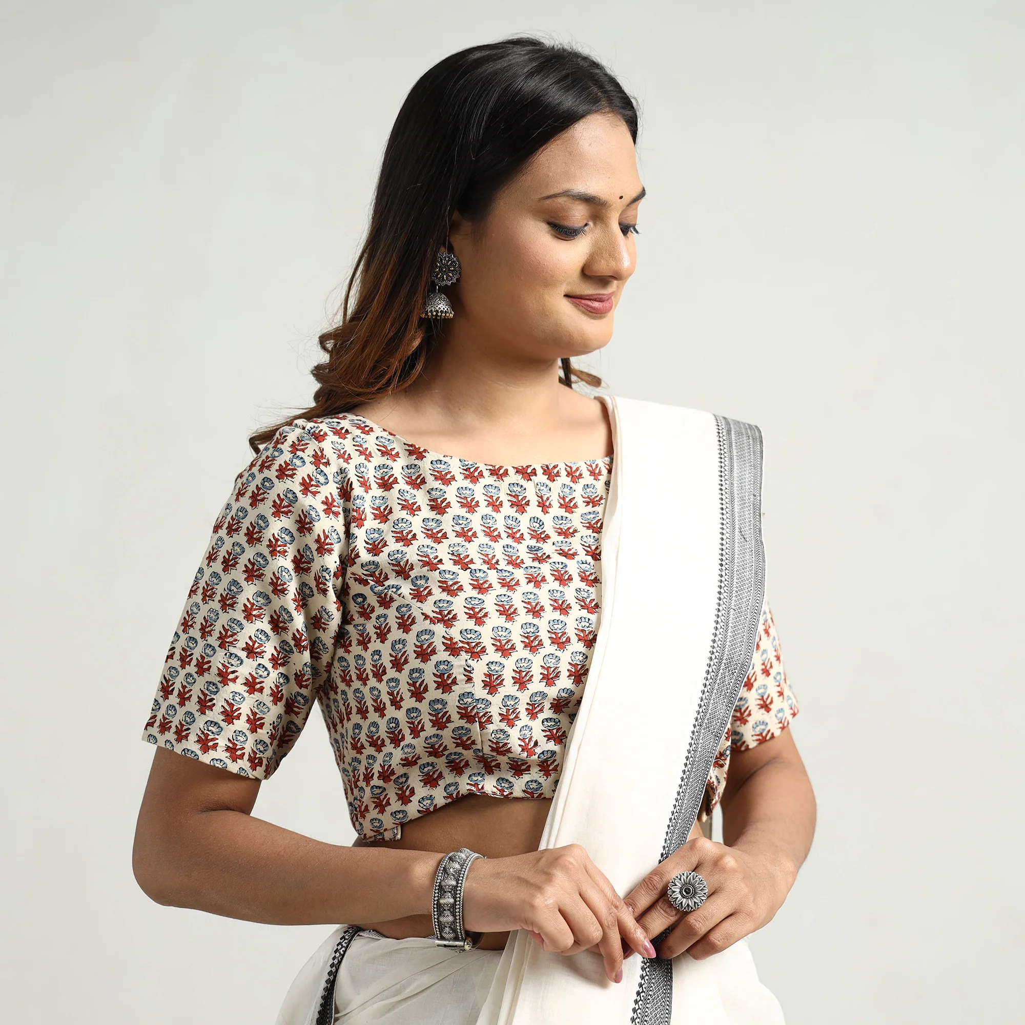Beige - Ajrakh Block Printed Cotton Stitched Blouse - Image 3