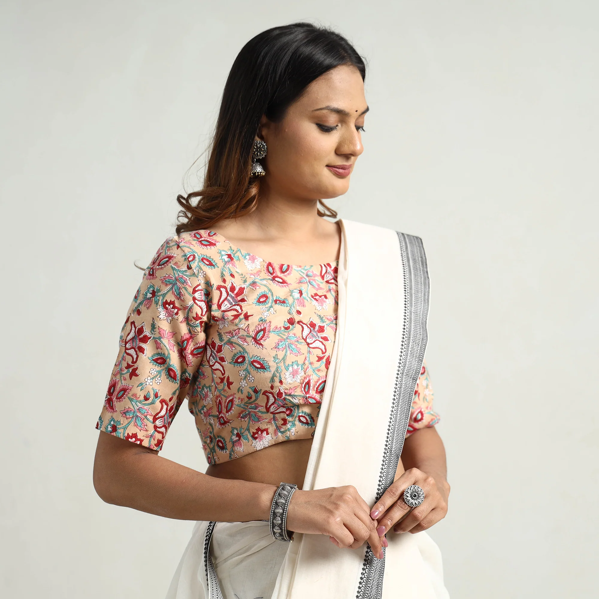 Beige - Sanganeri Block Printed Cotton Stitched Blouse - Image 3