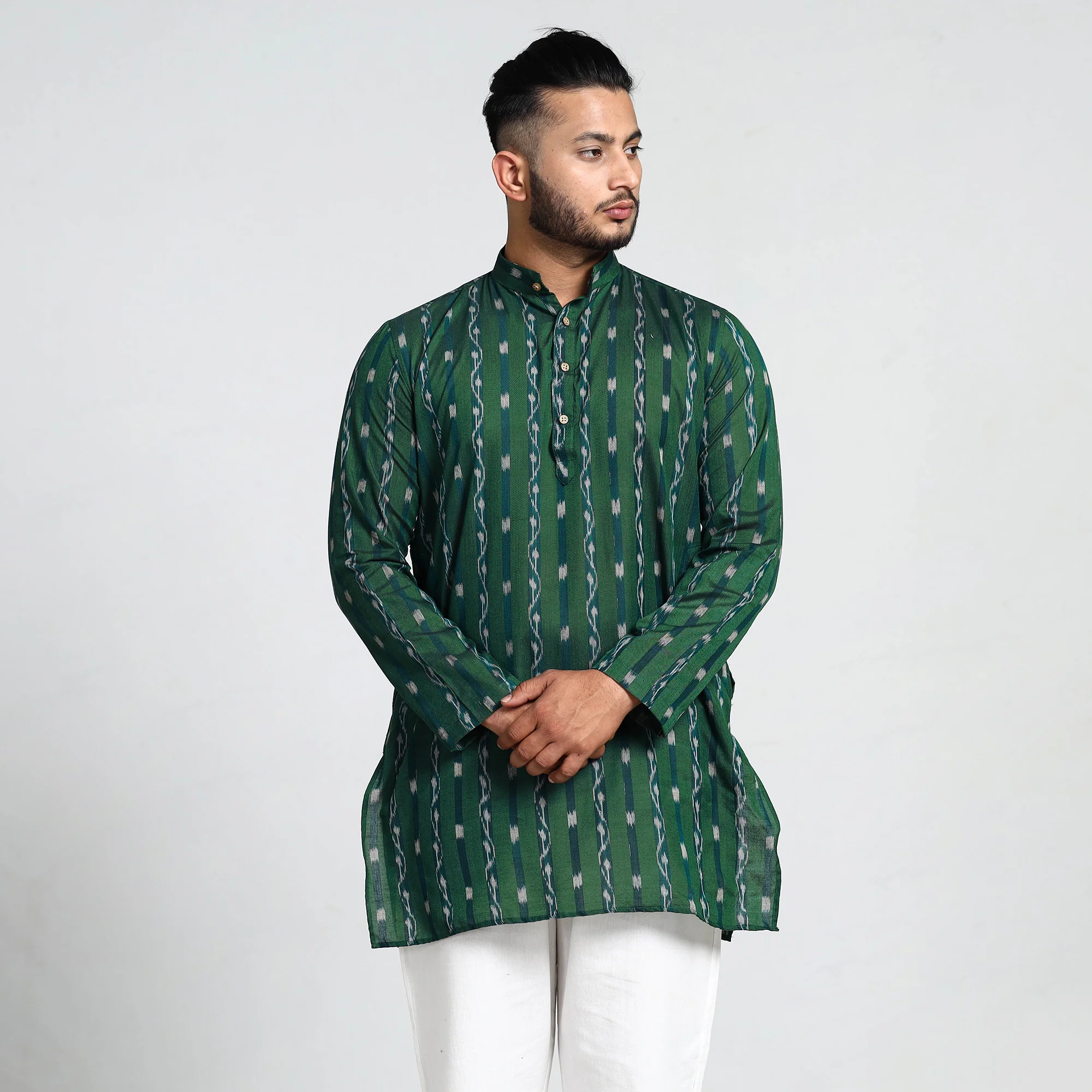 Dark Green - Sambalpuri Ikat Weave Cotton Men Short Kurta - Image 2