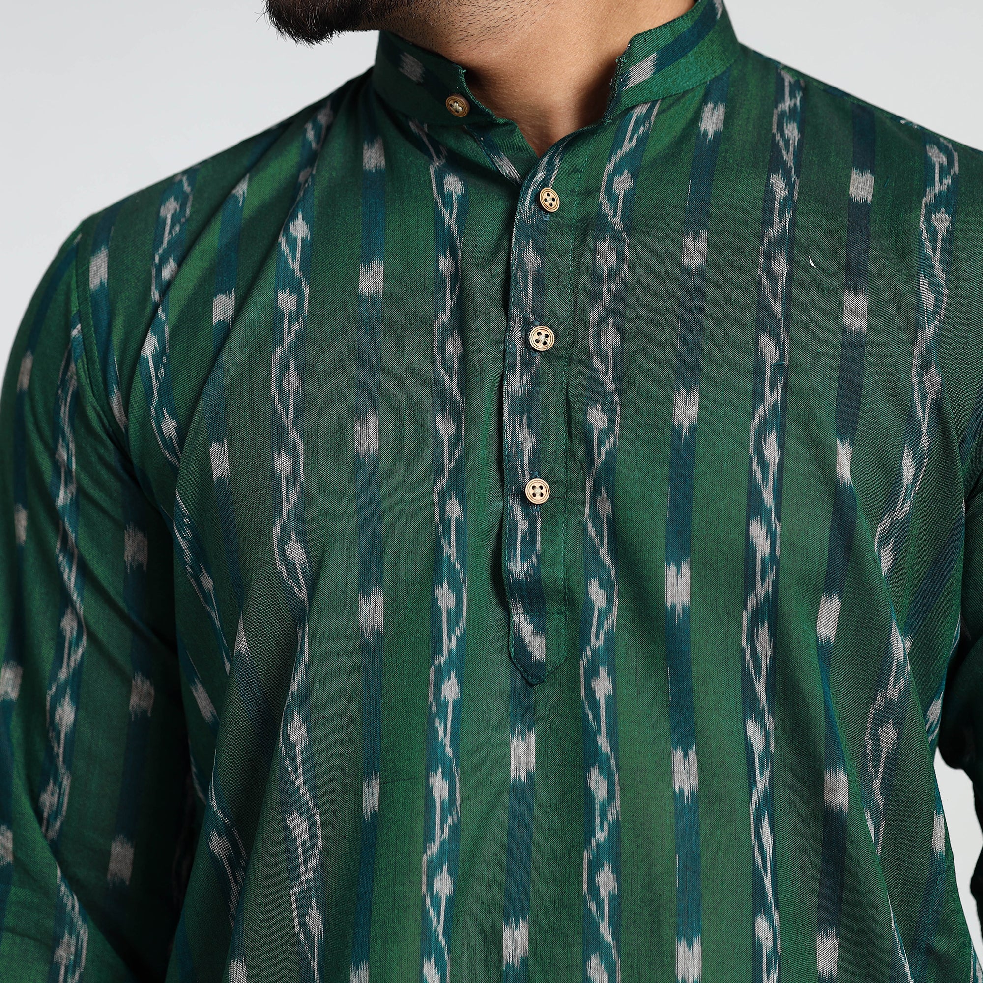 Dark Green - Sambalpuri Ikat Weave Cotton Men Short Kurta - Image 4