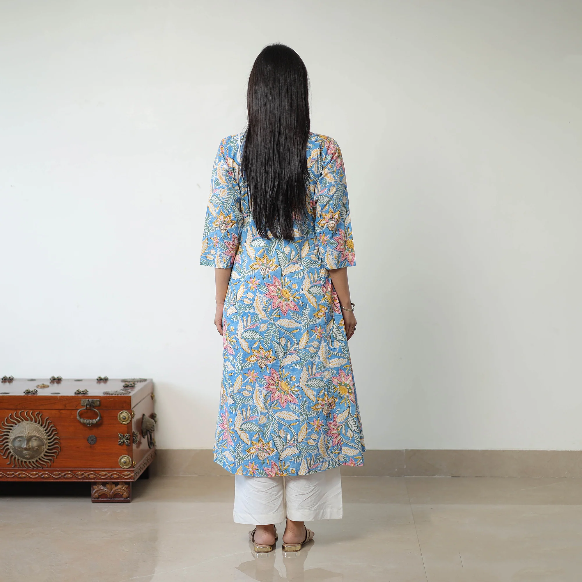 Light Blue - Sanganeri Block Printed Mul Cotton A-Line Kurta - Image 4