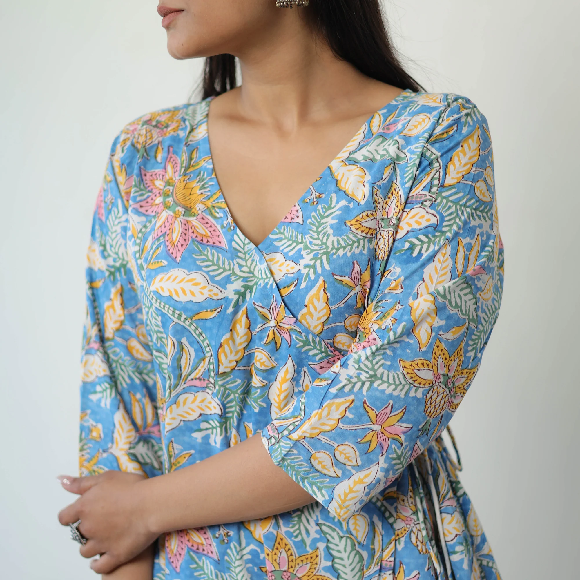 Light Blue - Sanganeri Block Printed Mul Cotton A-Line Kurta - Image 5