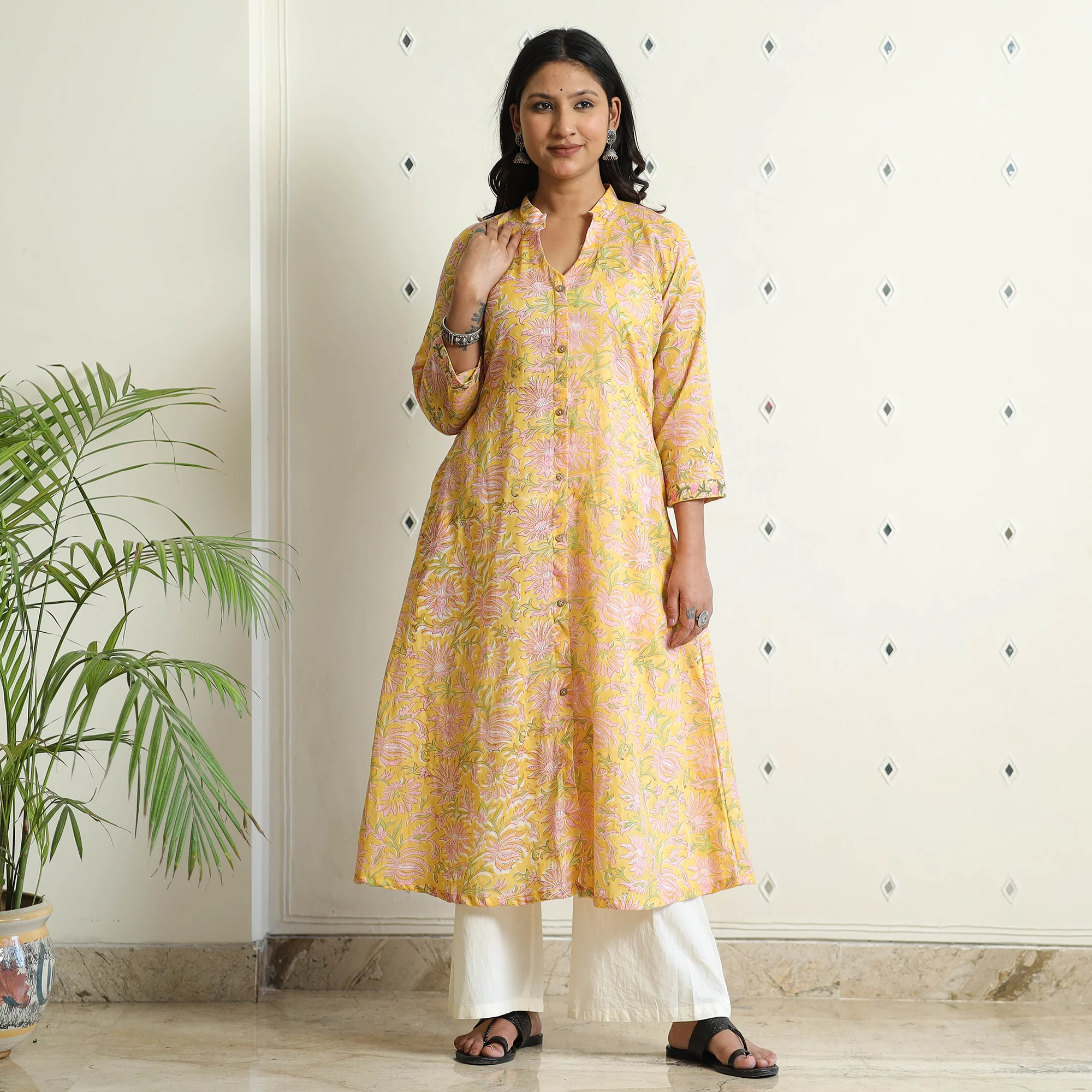 Yellow - Sanganeri Block Printed Mul Cotton A-Line Kurta