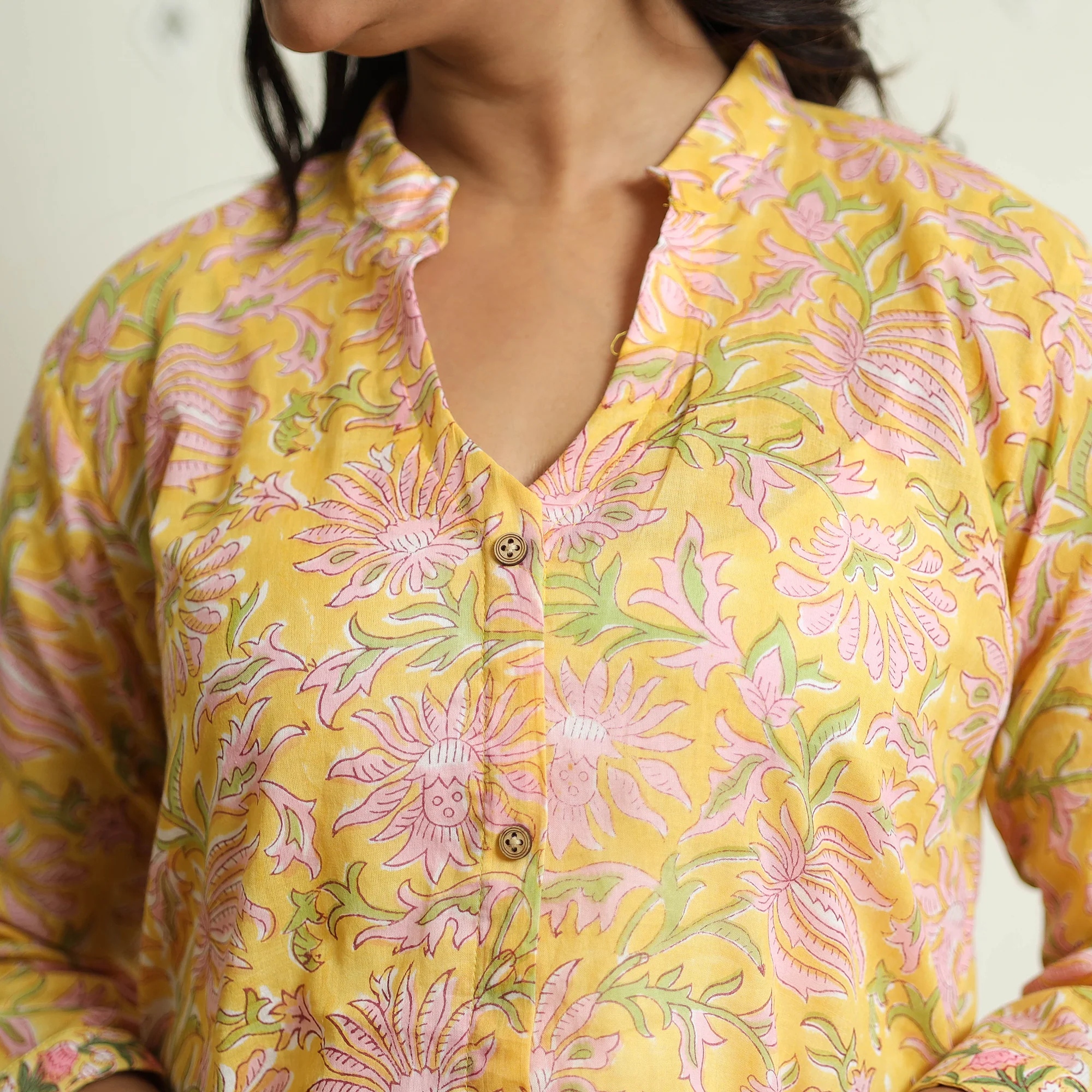 Yellow - Sanganeri Block Printed Mul Cotton A-Line Kurta - Image 5
