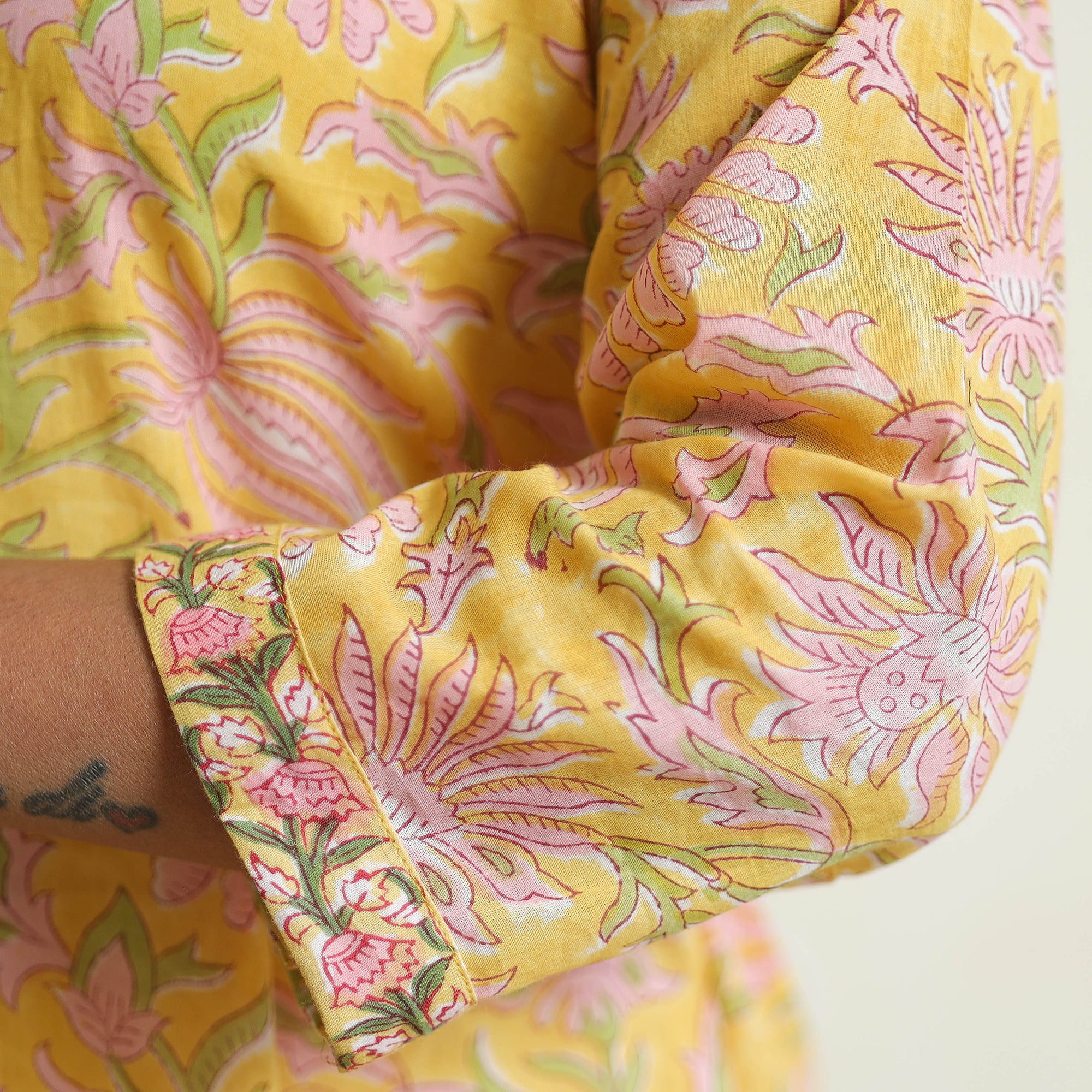 Yellow - Sanganeri Block Printed Mul Cotton A-Line Kurta - Image 6