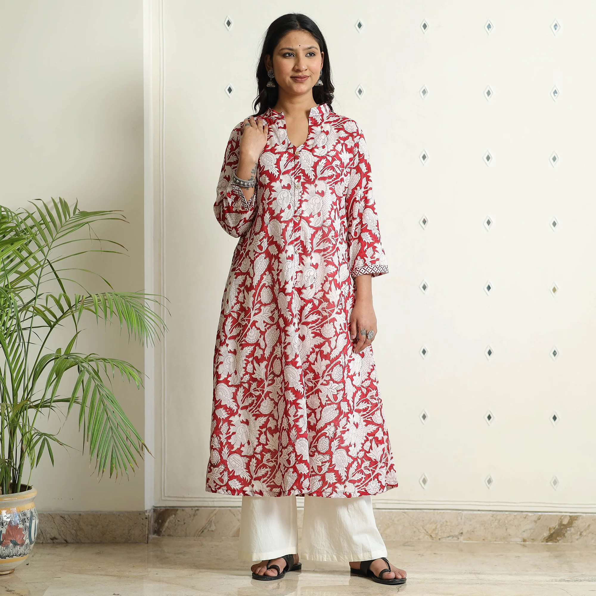 Red - Sanganeri Block Printed Mul Cotton A-Line Kurta
