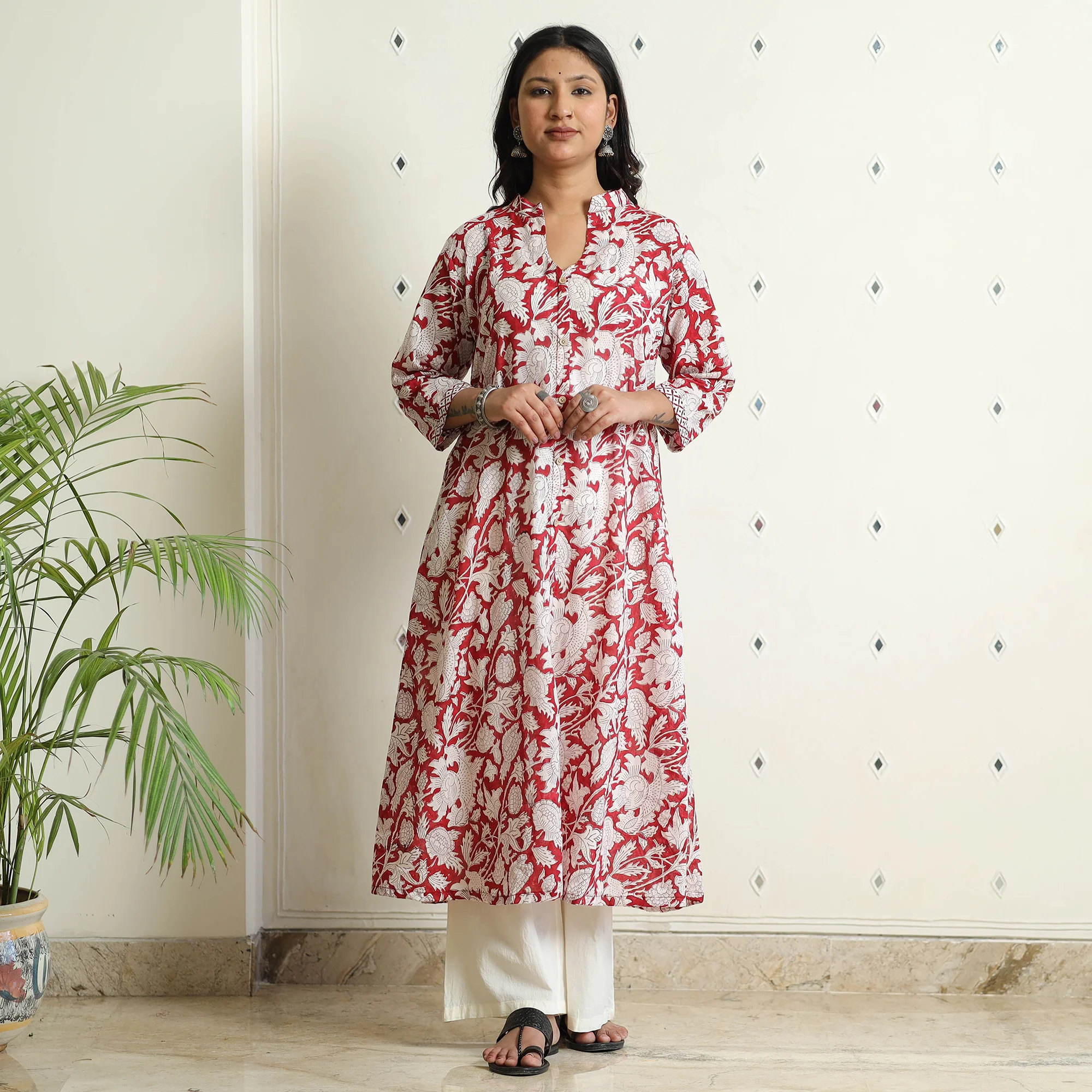 Red - Sanganeri Block Printed Mul Cotton A-Line Kurta - Image 3