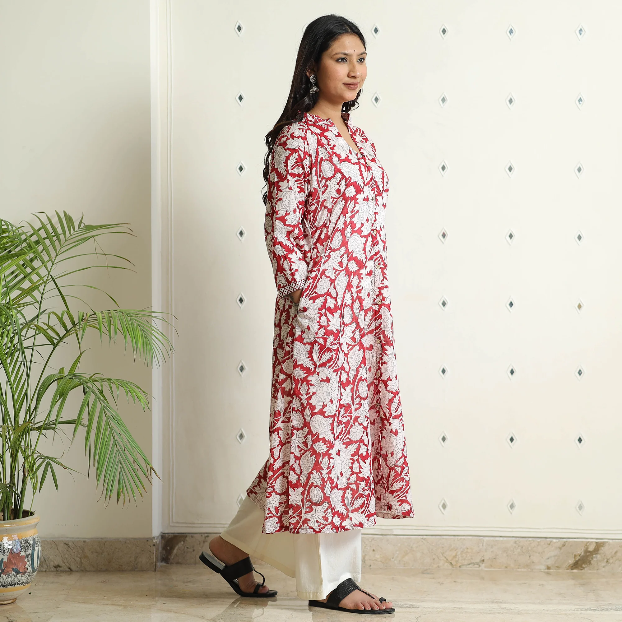 Red - Sanganeri Block Printed Mul Cotton A-Line Kurta - Image 4
