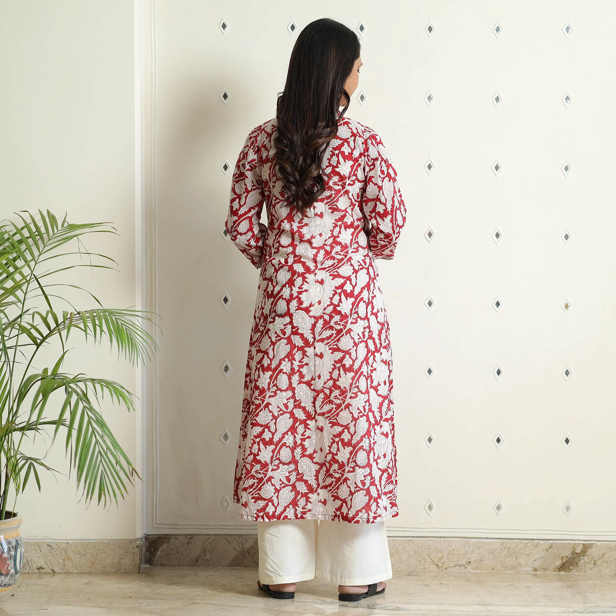 Red - Sanganeri Block Printed Mul Cotton A-Line Kurta - Image 7