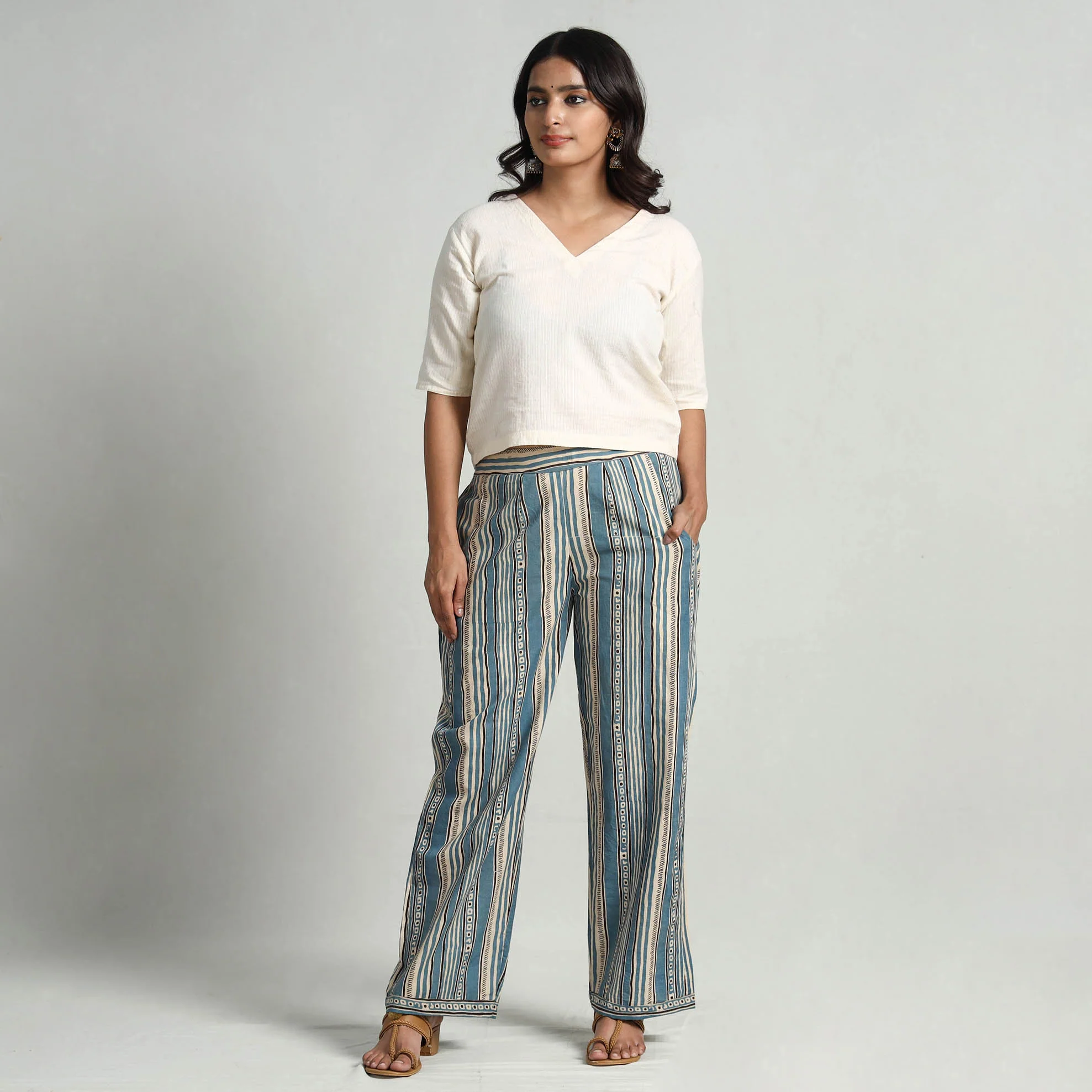 Light Blue - Kalamkari Printed Cotton Elasticated Palazzo