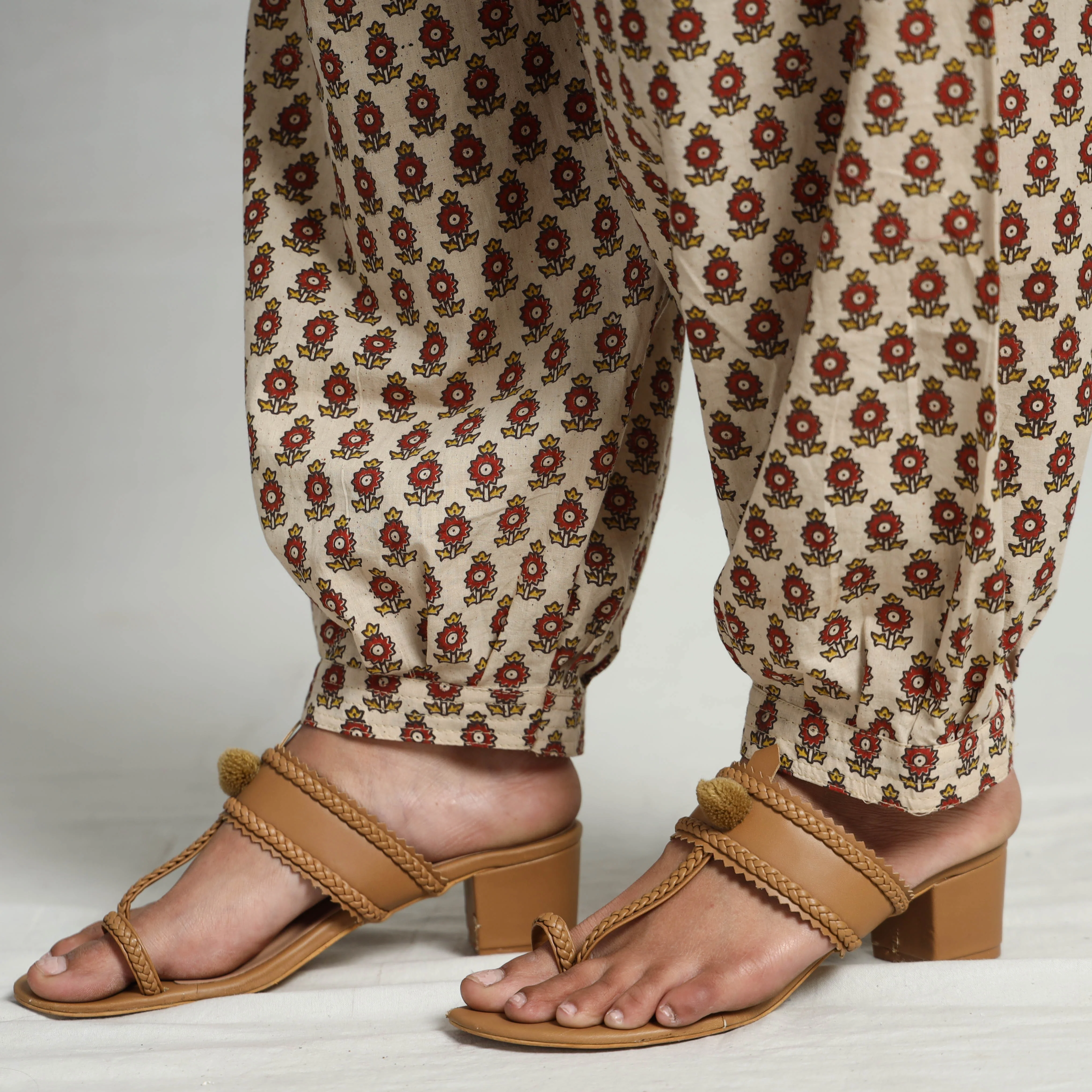Beige - Kalamkari Printed Cotton Elasticated Afghani Salwar - Image 6