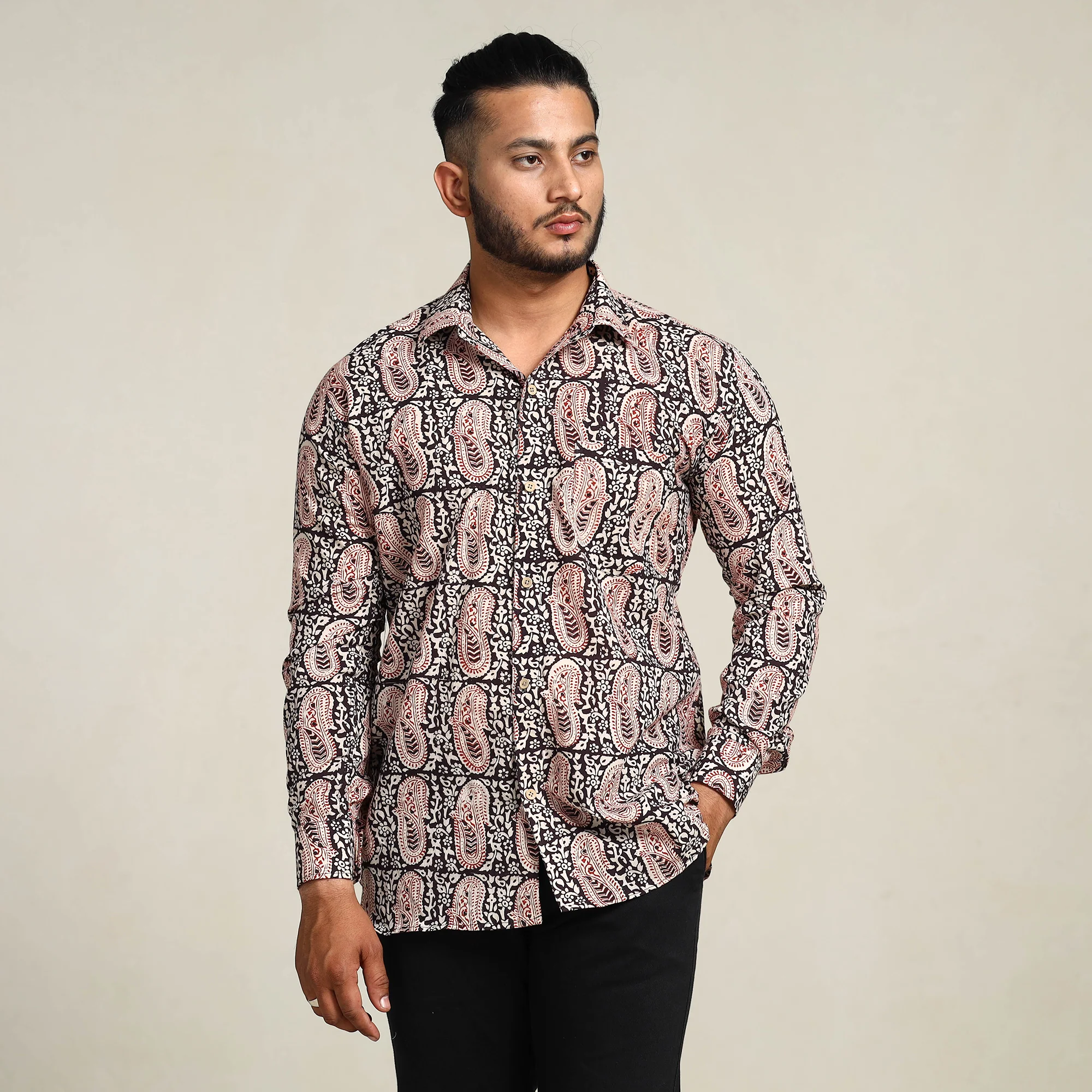 Black - Bagh Hand Block Printed Cotton Men Full Sleeve Shirt - Image 3