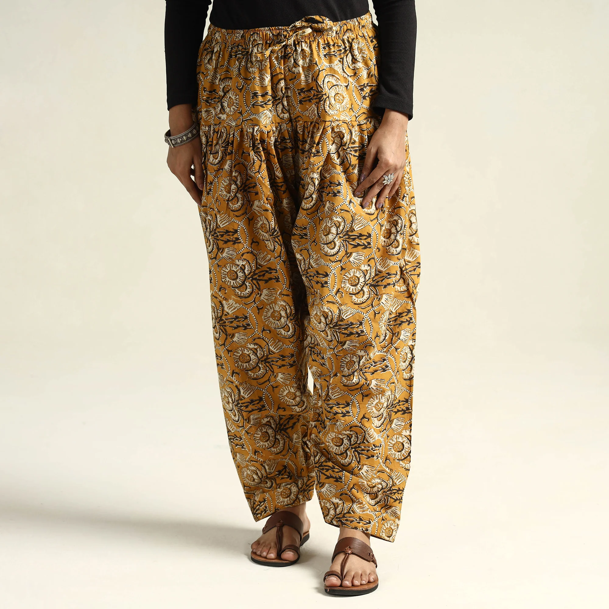 Yellow - Bagru Block Printed Cotton Elasticated Salwar - Image 2