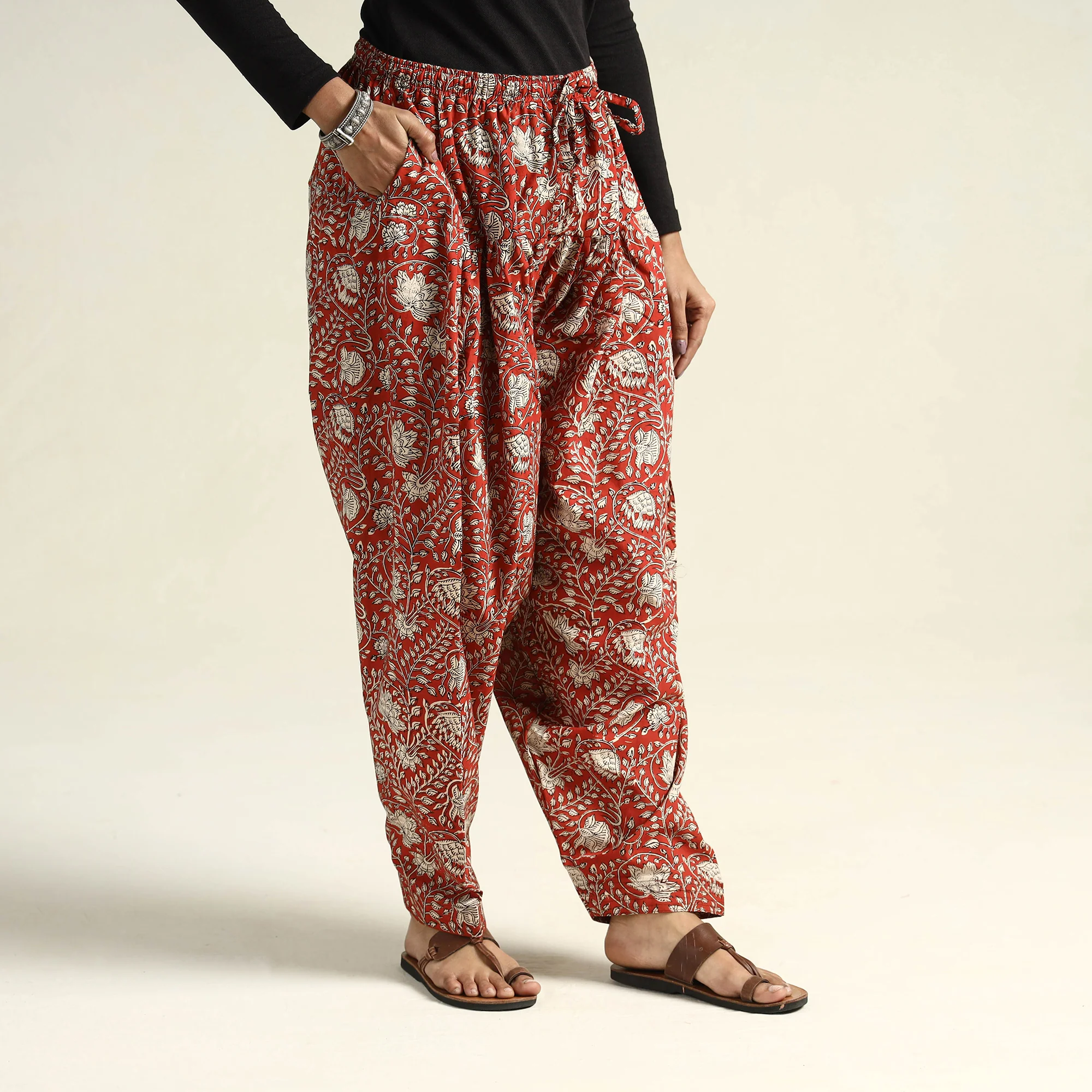 Red - Bagru Block Printed Cotton Elasticated Salwar - Image 3
