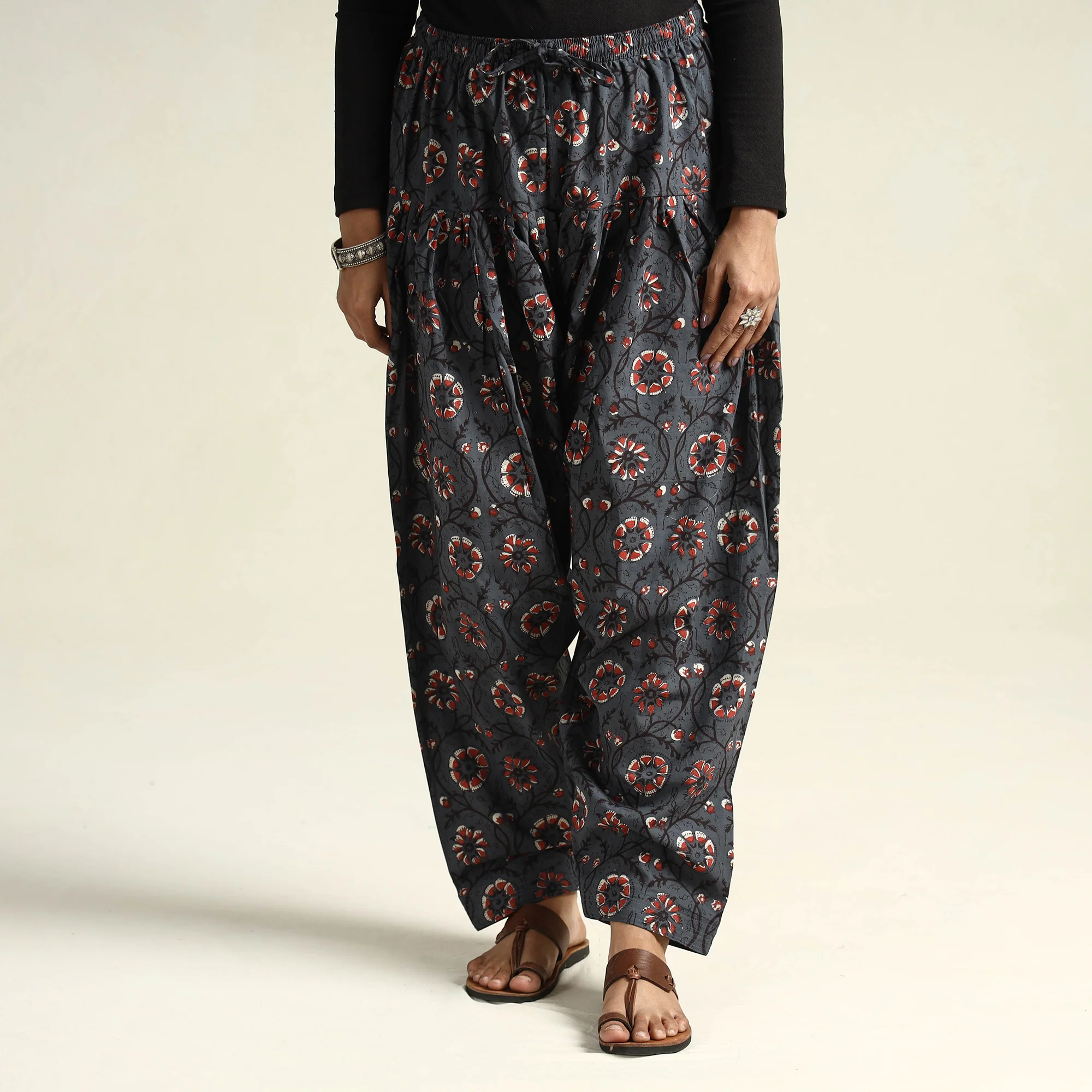 Dark Grey - Bagru Block Printed Cotton Elasticated Salwar - Image 2