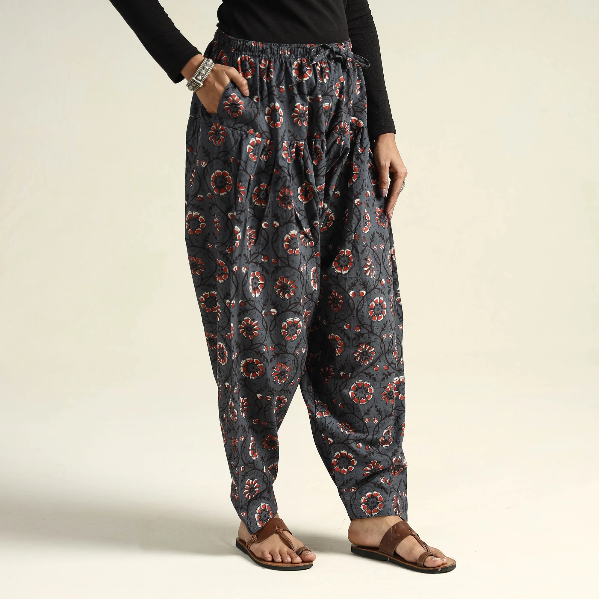 Dark Grey - Bagru Block Printed Cotton Elasticated Salwar - Image 3