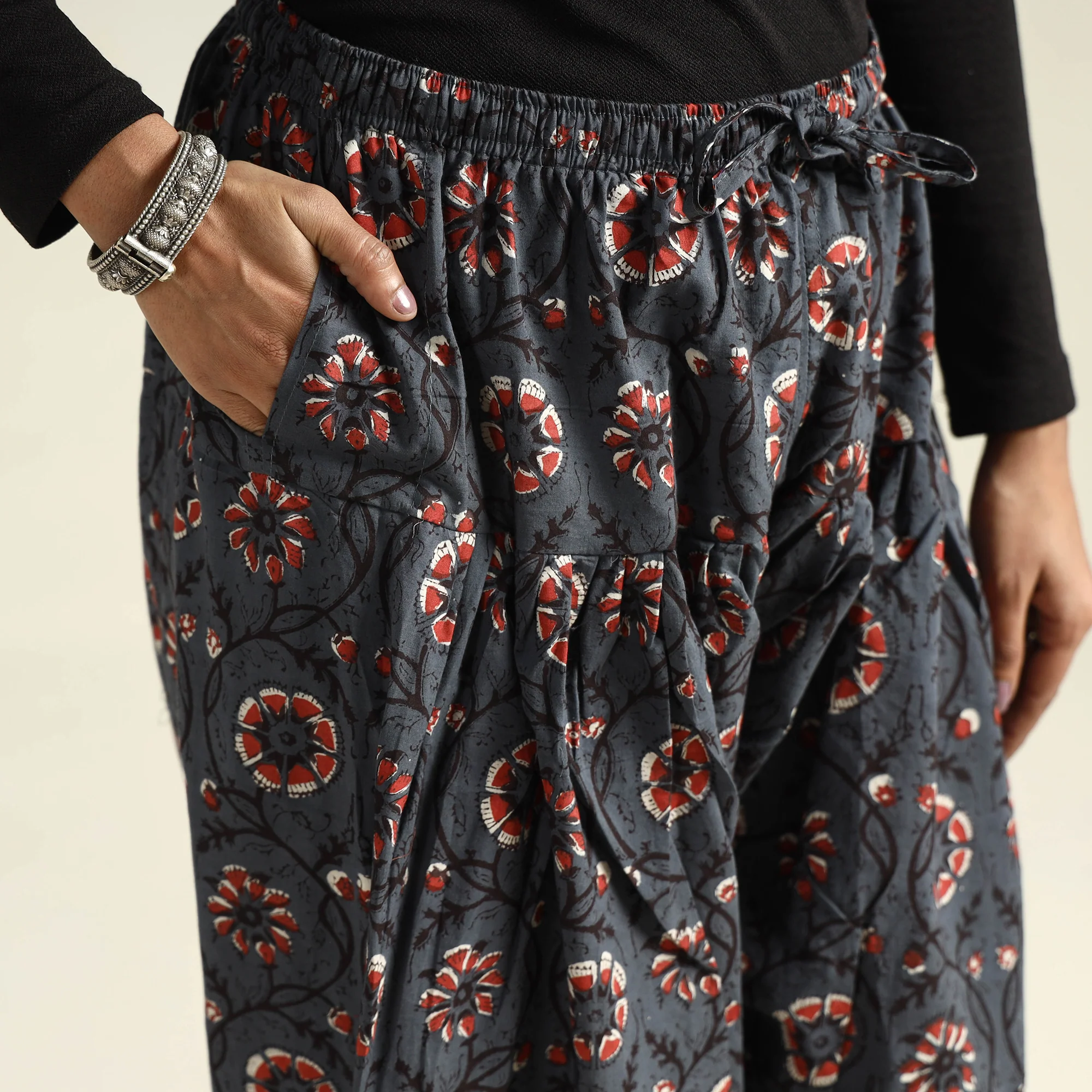 Dark Grey - Bagru Block Printed Cotton Elasticated Salwar - Image 6