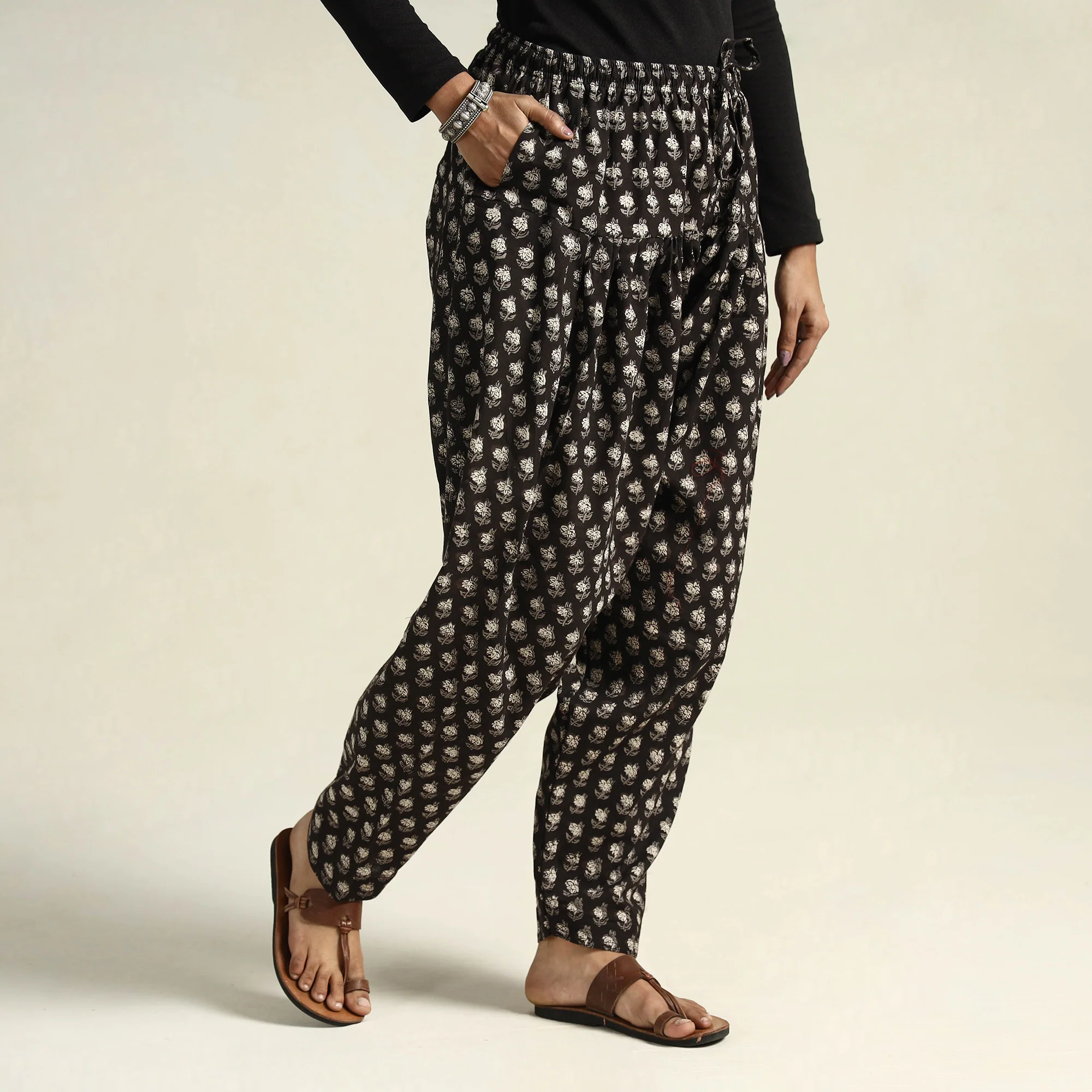 Black - Bagru Block Printed Cotton Elasticated Salwar