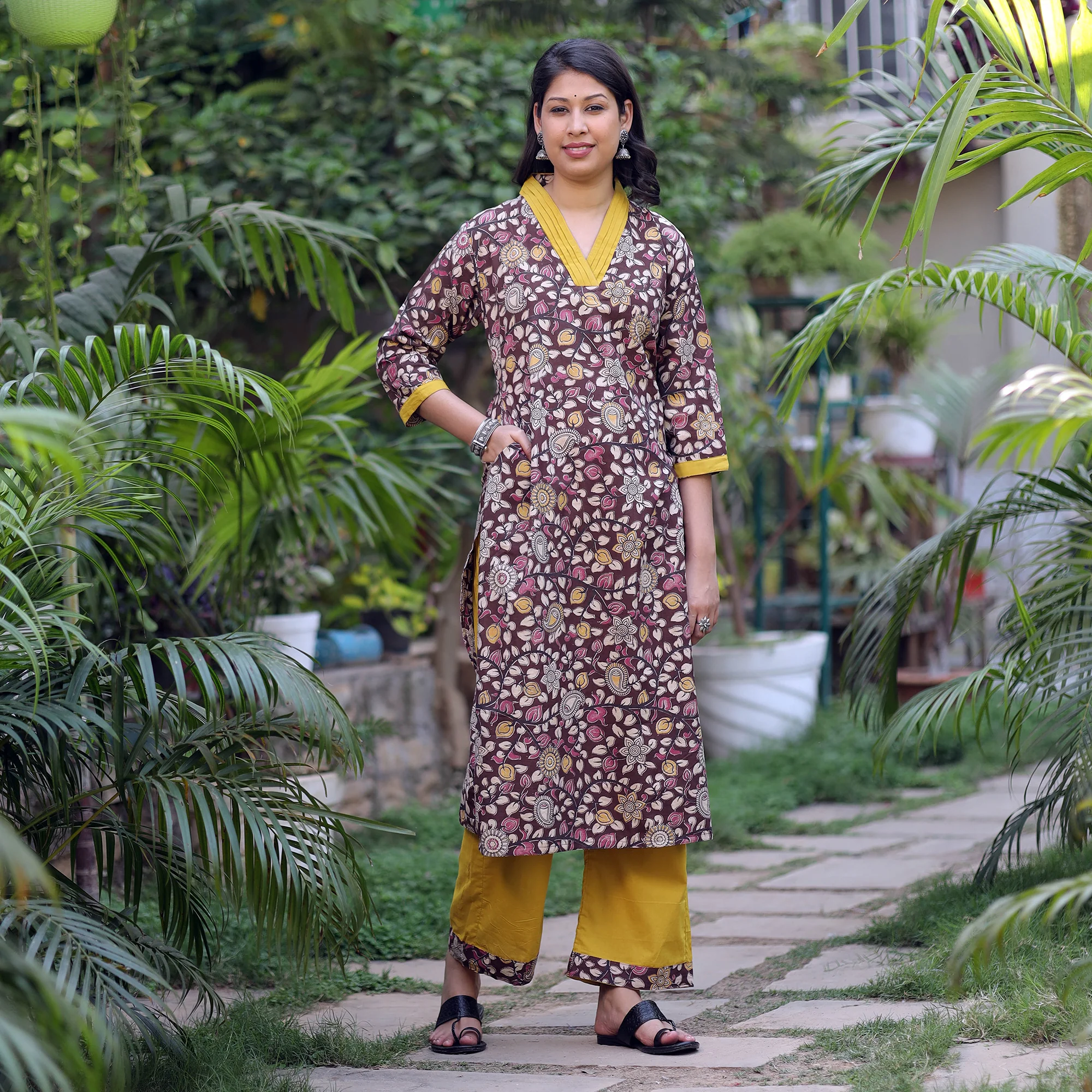Maroon - Kalamkari Printed Cotton Kurta with Palazzo Set - Image 2