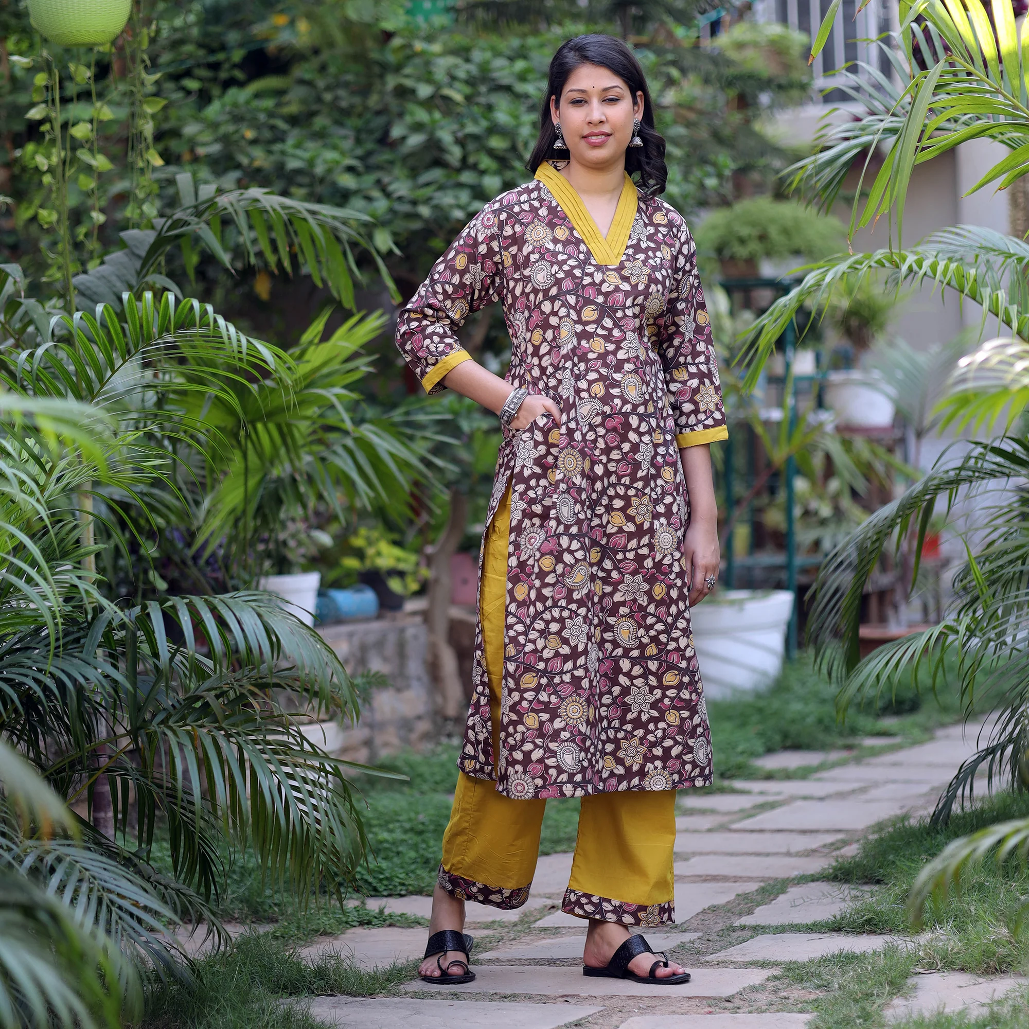 Maroon - Kalamkari Printed Cotton Kurta with Palazzo Set - Image 4