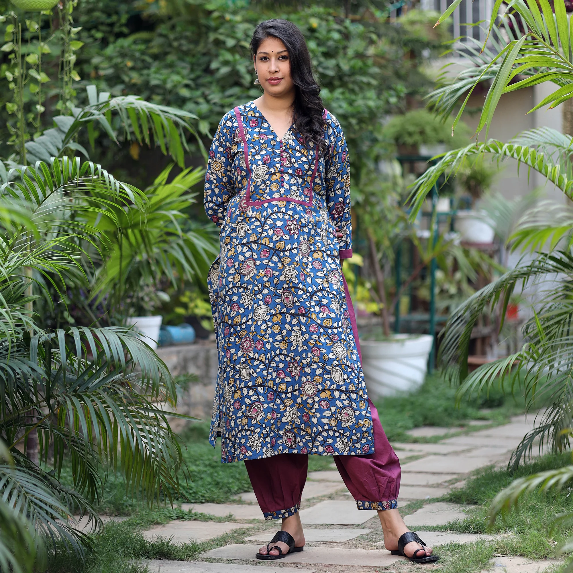 Blue - Kalamkari Printed Cotton Kurta with Afghani Salwar Set - Image 4