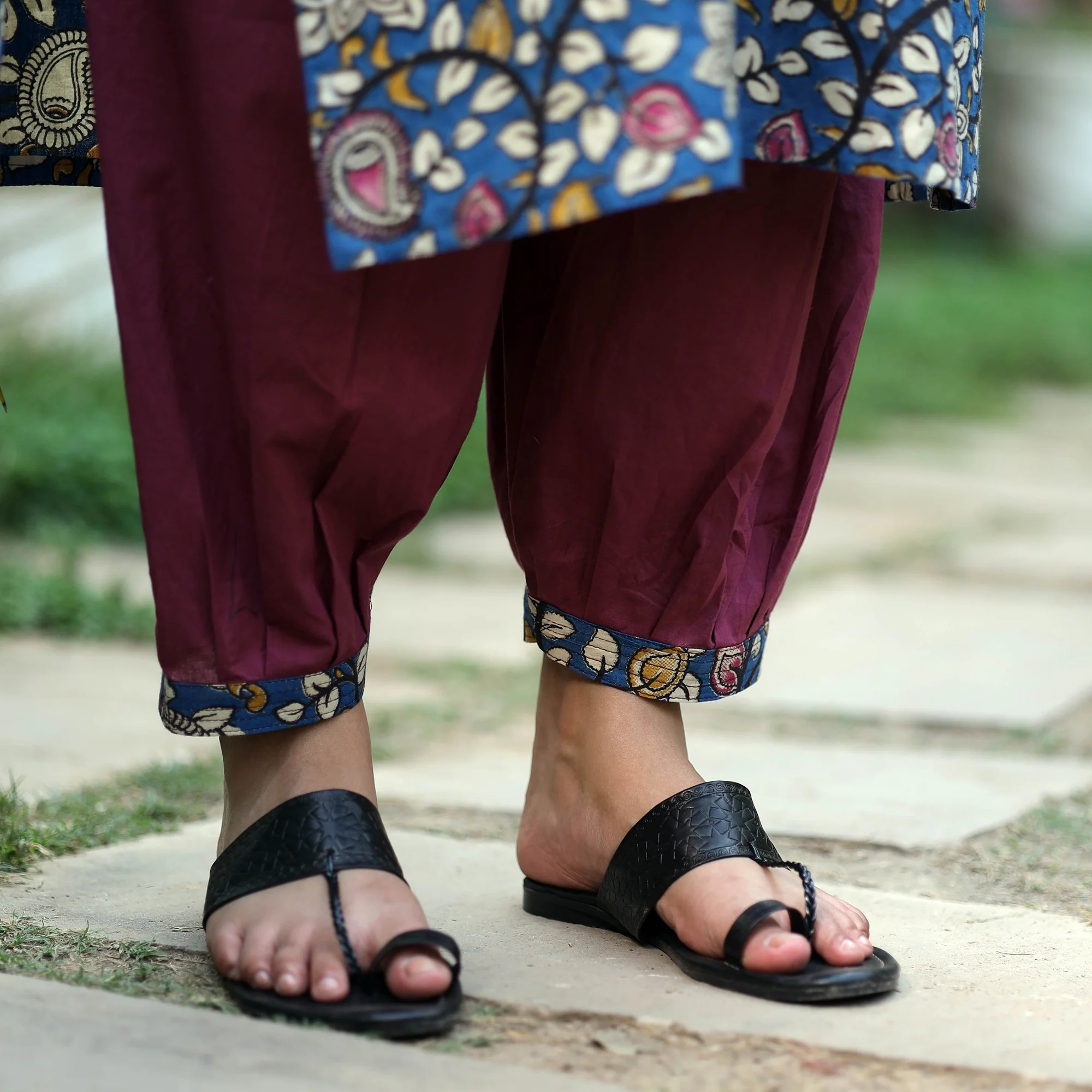 Blue - Kalamkari Printed Cotton Kurta with Afghani Salwar Set - Image 5