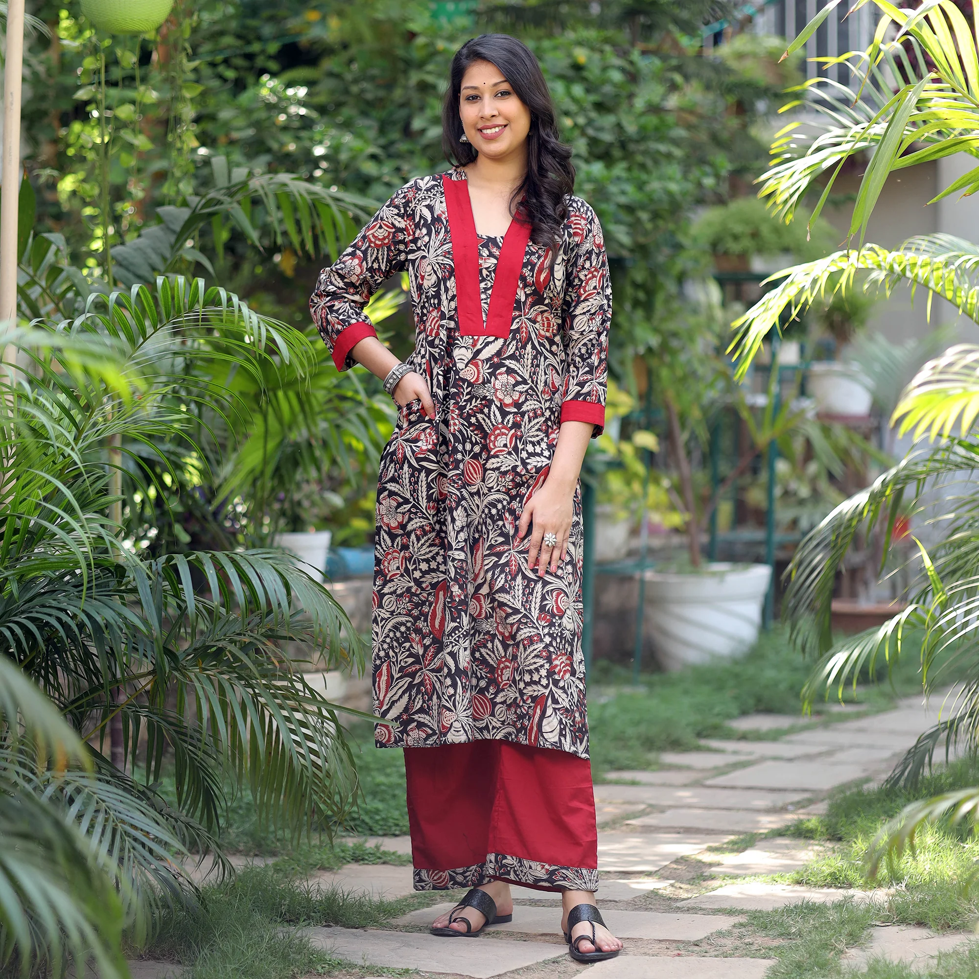 Black - Kalamkari Printed Cotton Kurta with Palazzo Set - Image 2