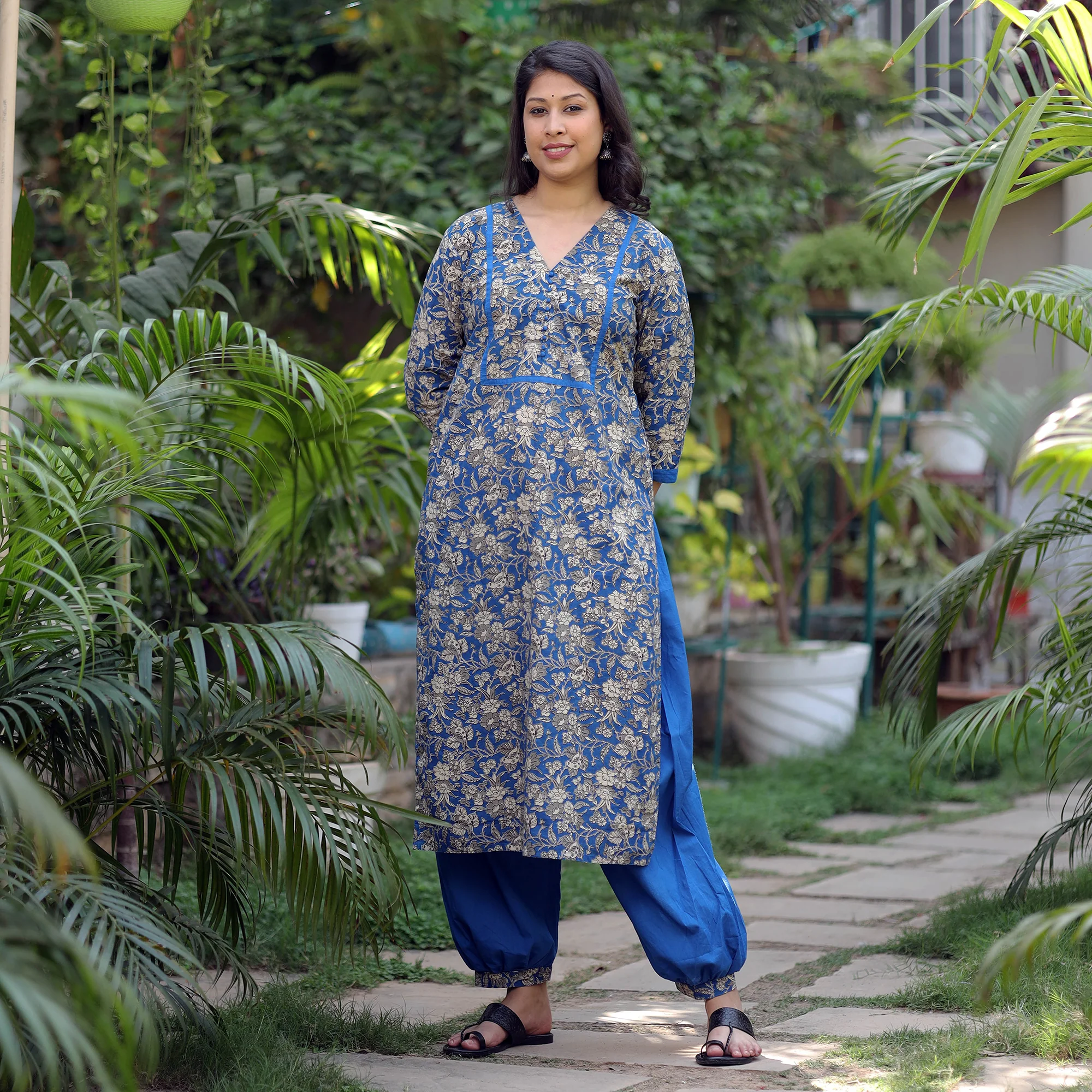 Blue - Kalamkari Printed Cotton Kurta with Afghani Salwar Set - Image 4