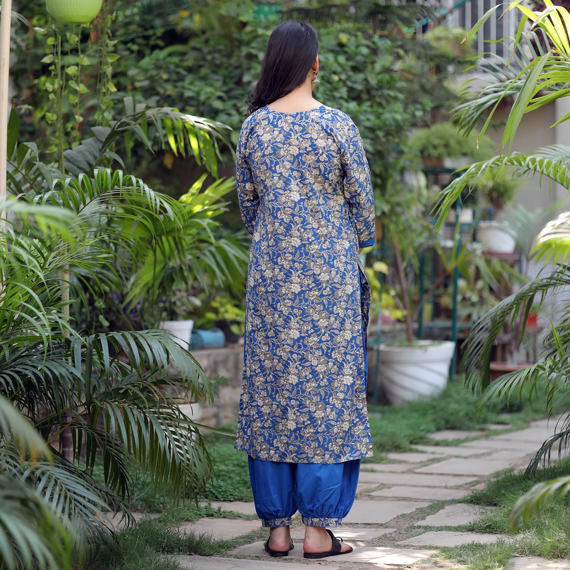 Blue - Kalamkari Printed Cotton Kurta with Afghani Salwar Set - Image 6