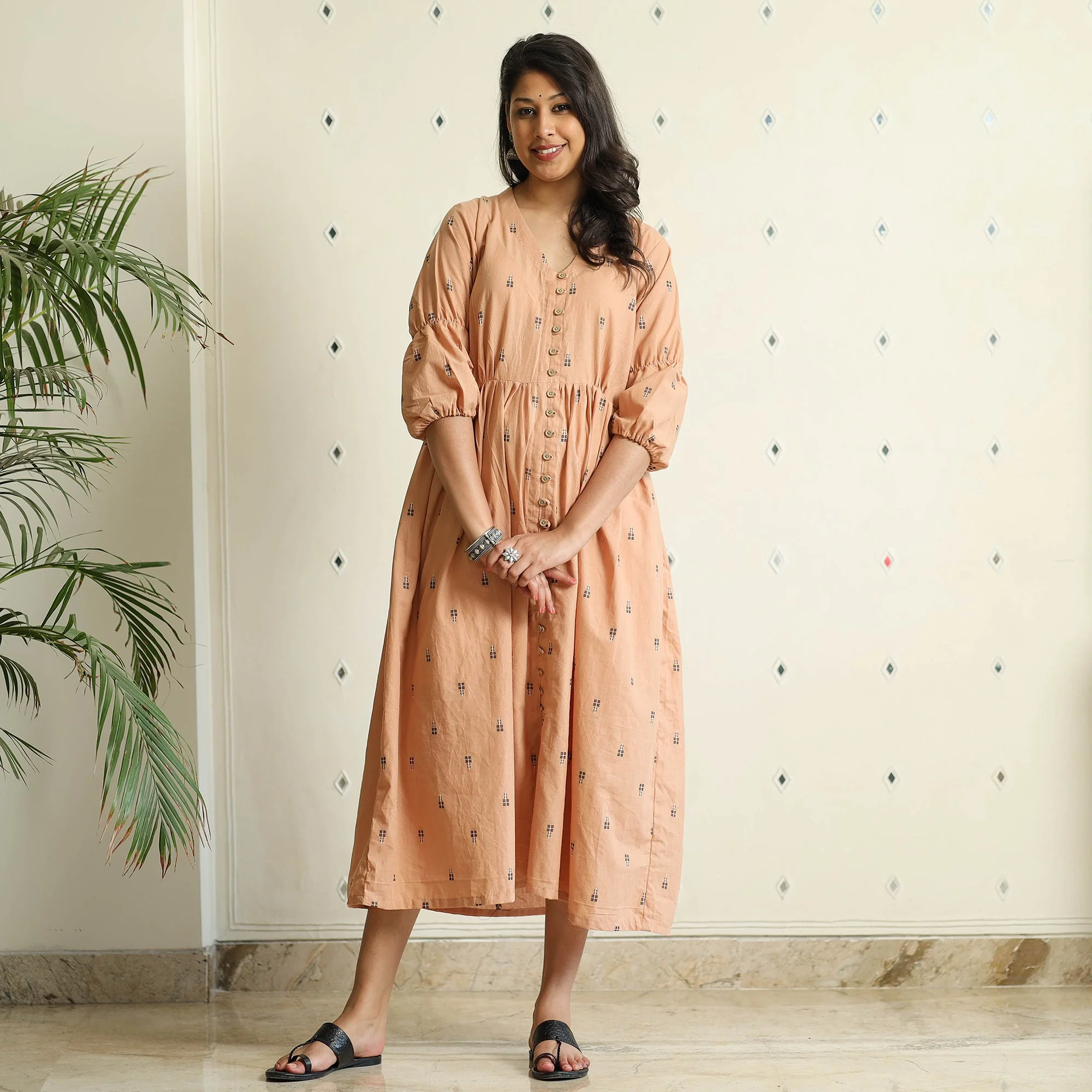 Beige - Jacquard Cotton Flared Gher Dress - Image 2
