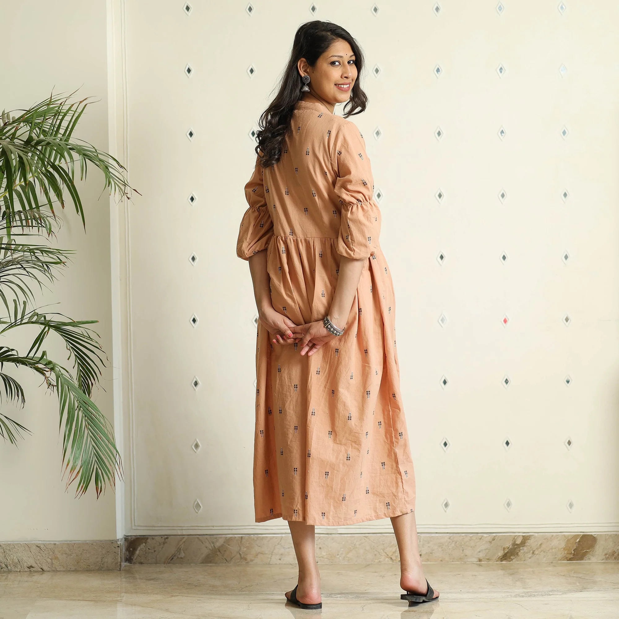 Beige - Jacquard Cotton Flared Gher Dress - Image 4