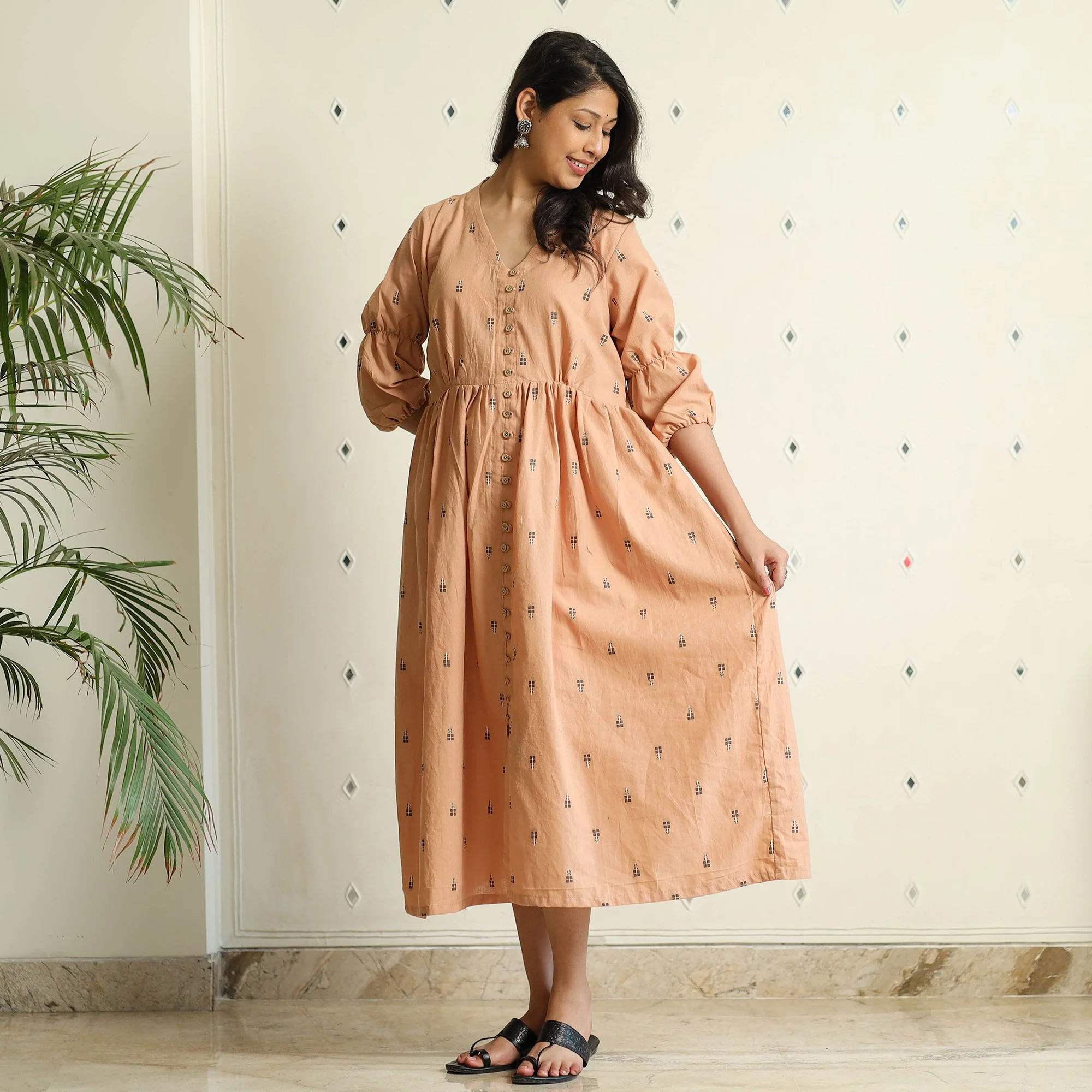 Beige - Jacquard Cotton Flared Gher Dress - Image 7