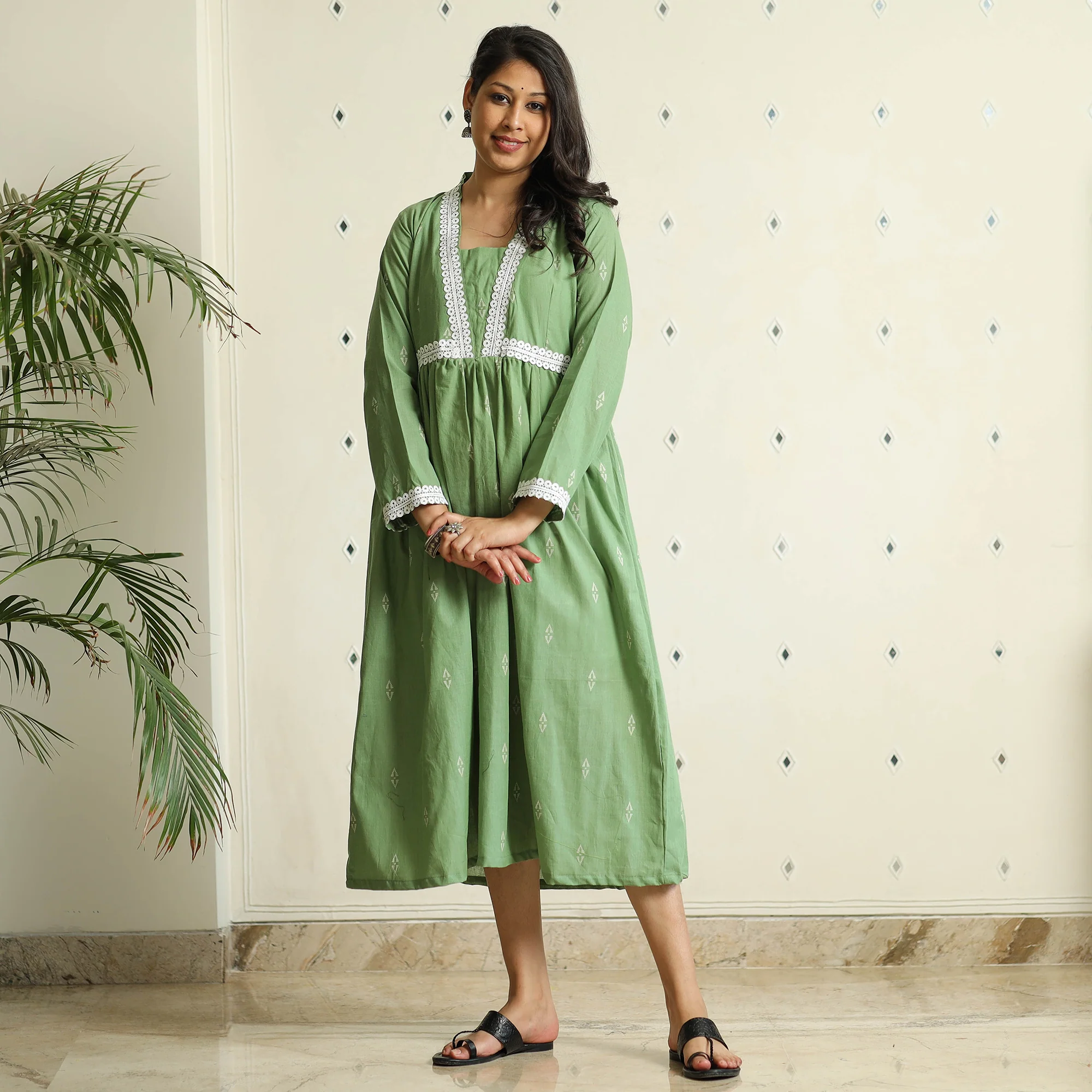 Green - Jacquard Cotton Flared Gher Dress - Image 2